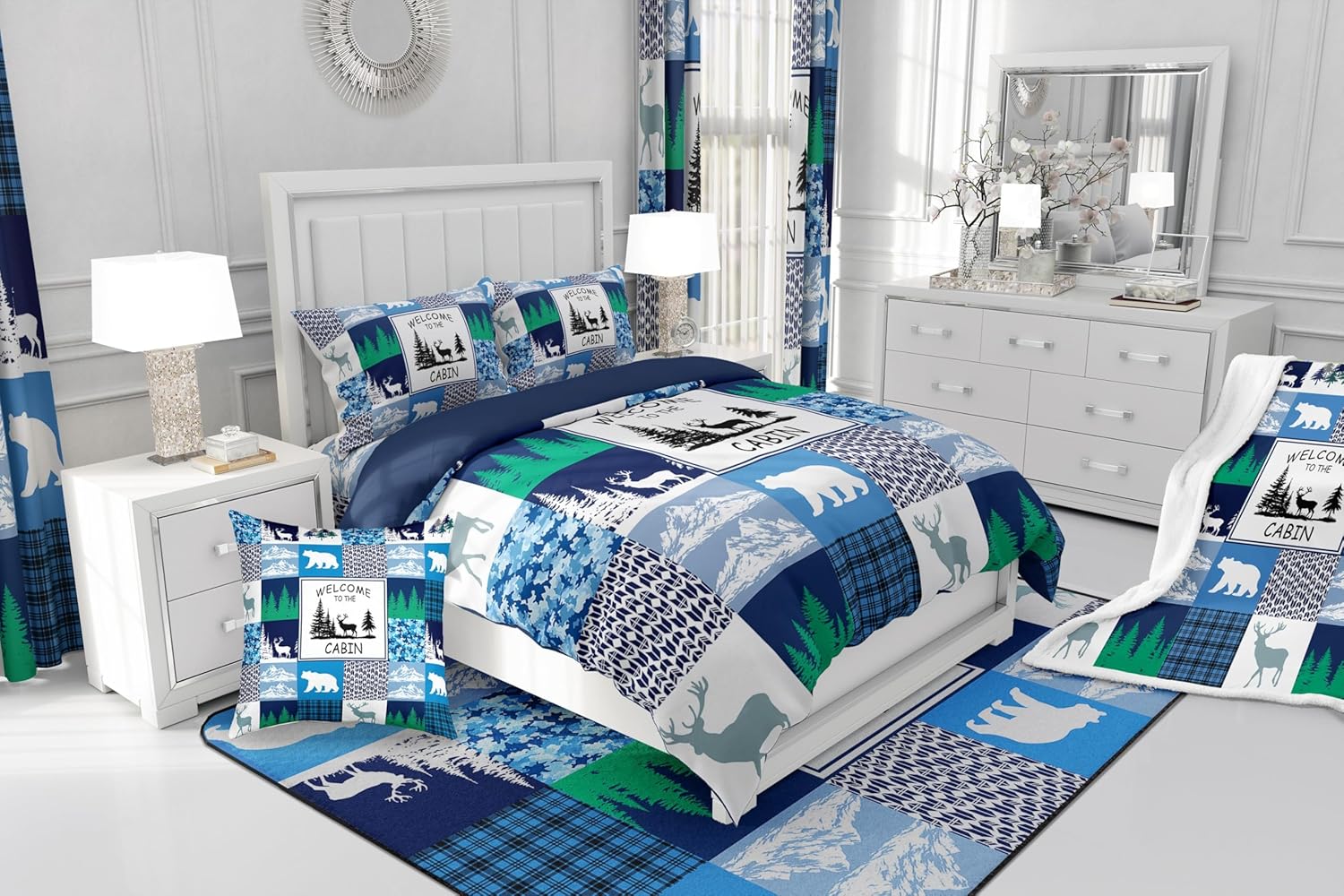 Retro Cabin Comforter Set Queen Wildlife Bear Elk Deer Hunting Bedding Set,Reindeer Moose Woodland Animals Quilt Blue Camouflage Grid Lattice Patchwork Duvet Insert,Pine Trees Farmhouse Decor