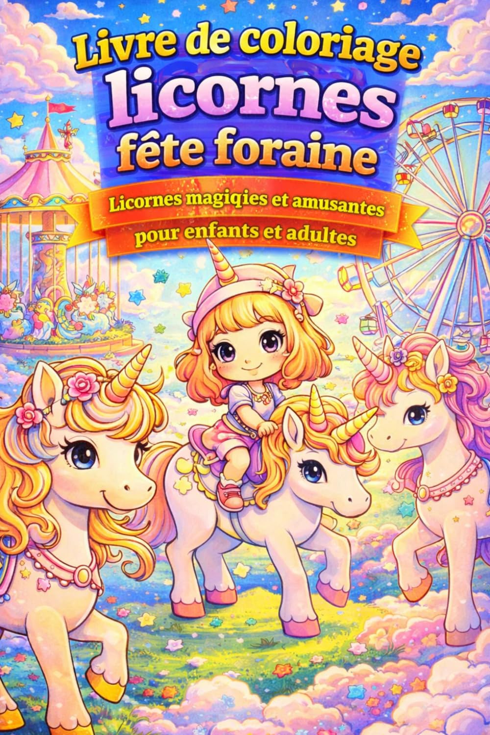 Livre de coloriage licornes fête foraine – Licornes magiques et amusantes pour enfants et adultes – Coloriage relaxant: Licornes adorables dans un ... formes et scènes joyeuses pour enfants