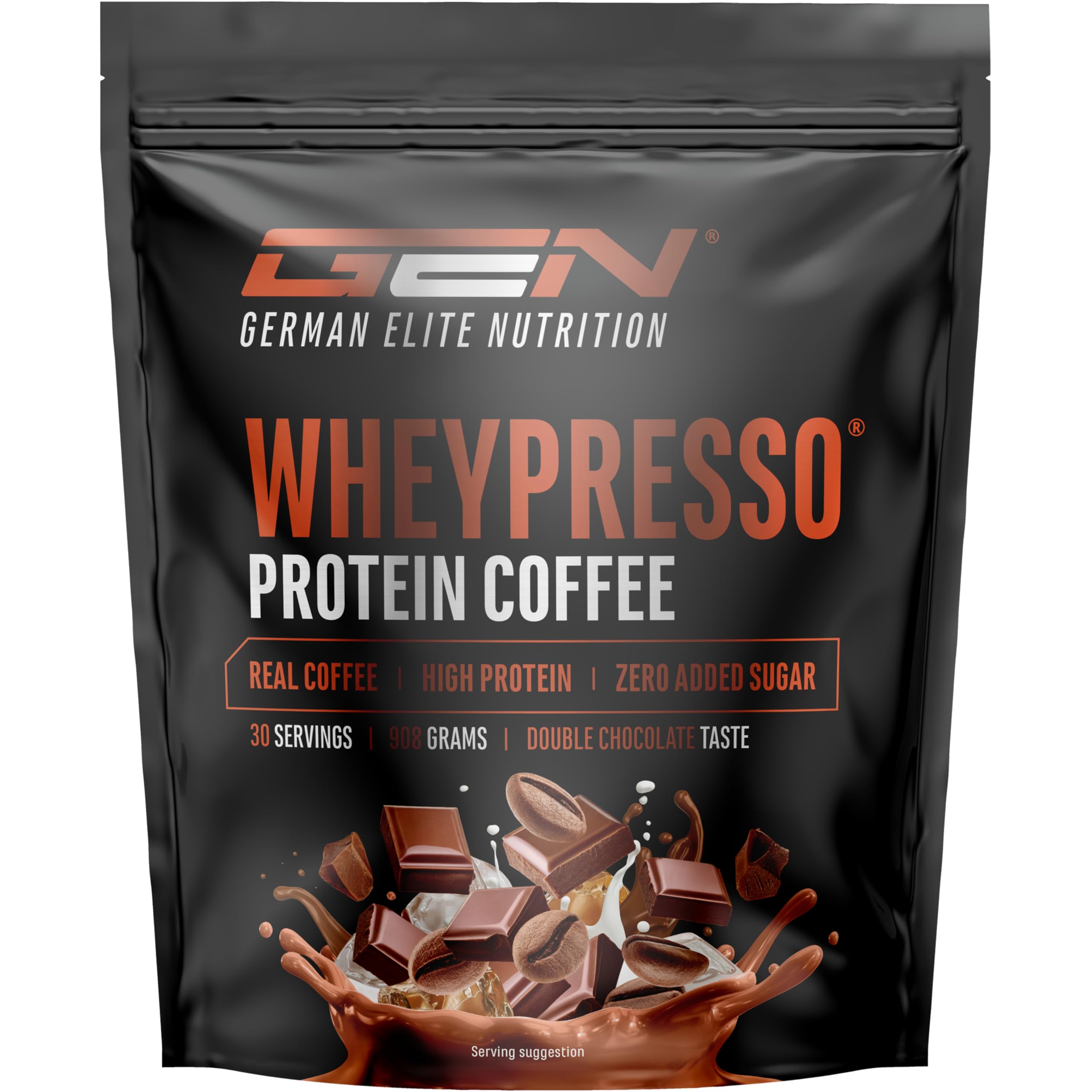 Wheypresso Protein Coffee - Eiweiß-Pulver mit Whey-Konzentrat & Isolat - Mit echtem Kaffee & Koffein - Cremiger High Protein Drink - (908 g, Double Chocolate Flavour)