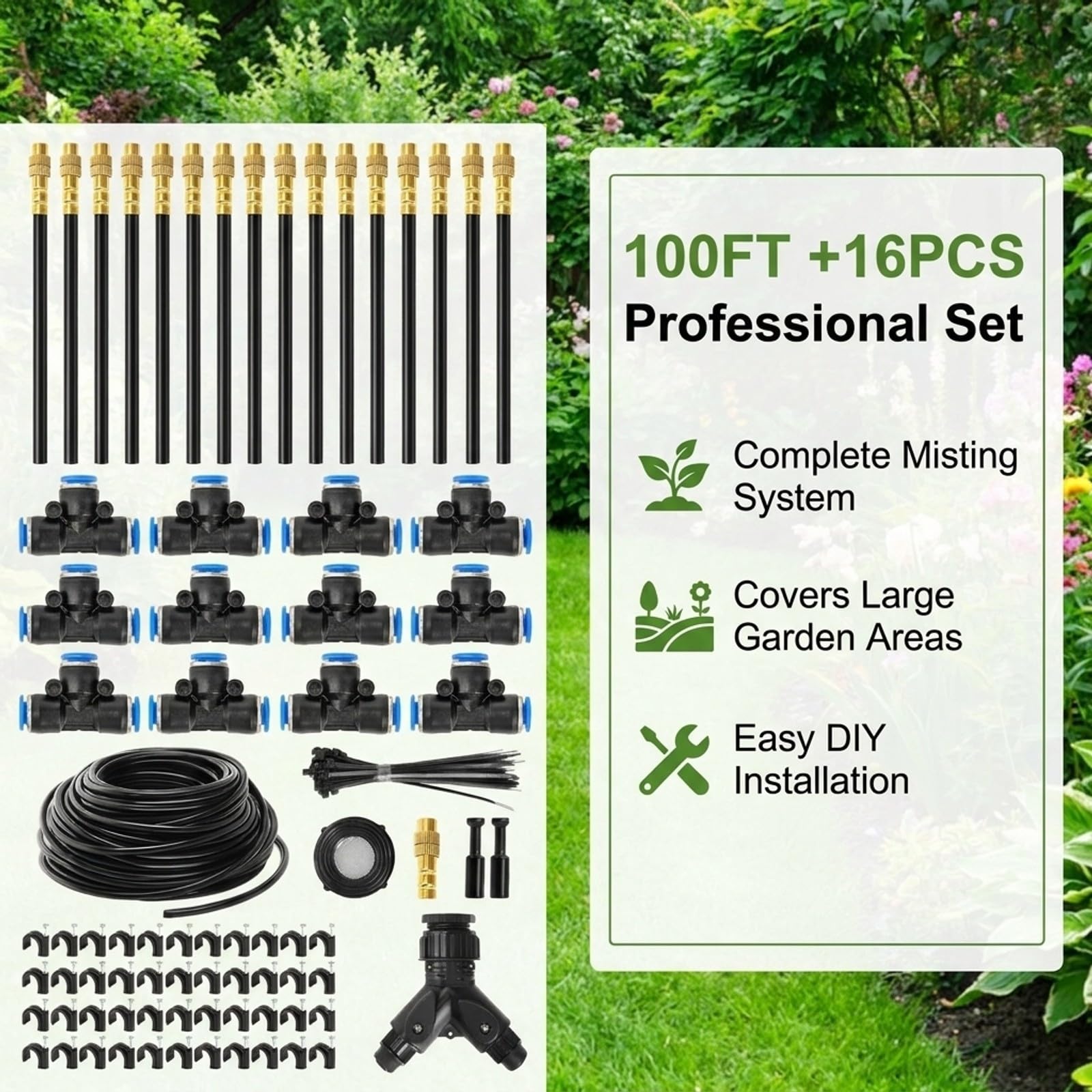Sistema de riego Automático 30m, 16 Boquillas Orientables, Kit de Nebulización 6mm de Latón, Ahorro de Agua para Jardín, Invernadero y Terraza, Instalación Sin Herramientas