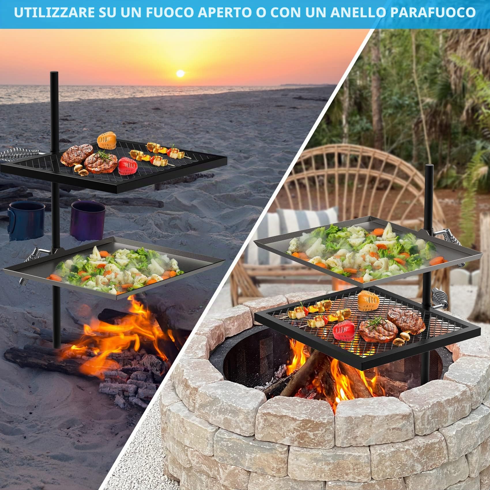 Onlyfire Grill da Campo Orientabile Regolabile, Griglia per Focolare con Griglia di Cottura, Piastra e Asta per Barbecue per Cucinare All'aperto su Fuoco Aperto, Campeggio e Picnic All'aperto