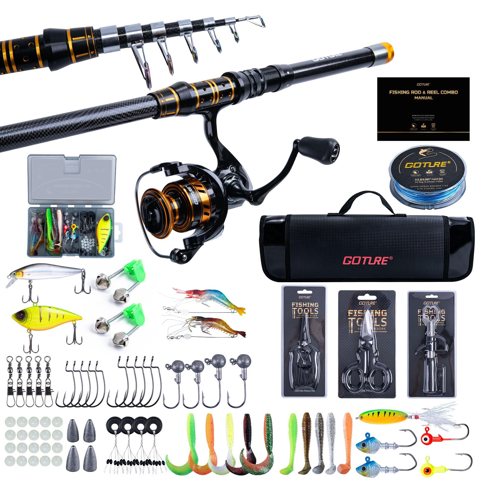 Goture Angelset mit Teleskop-Angelruten (24T Carbon),1,8m/2,1m/2,4m/2,7m I Angelrute Set Komplett 5.2:1 Spinnrolle, 150m/14kg Schnur, Köderbox & Tragetasche – für Salz-/Süßwasser, Reisen–Angelgeschenk