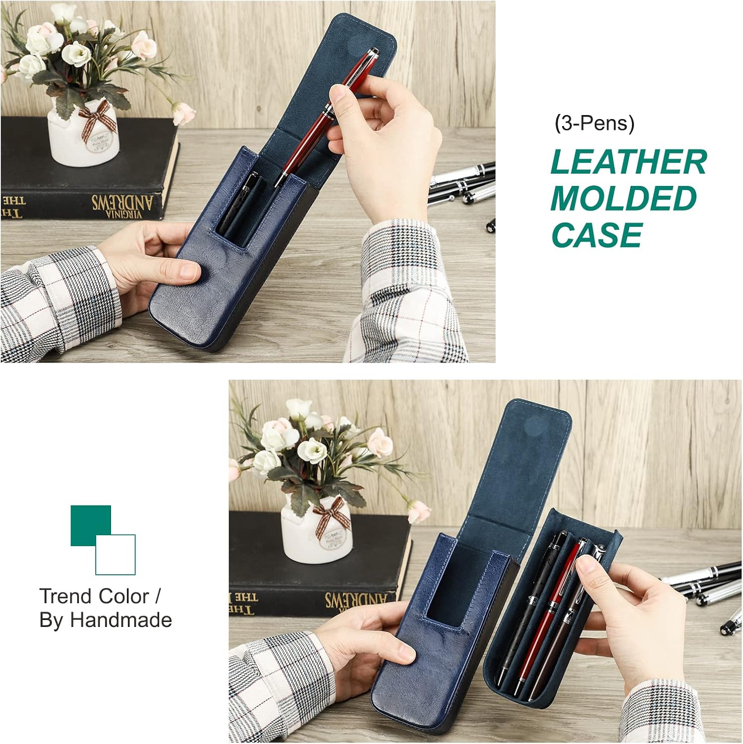Hiram Vegetable Tanned Leather Pen Case for 3 Pens Molded Portable Pen Holder with Removable Tray and Hidden Snap Soft Lined Protective Pouch for Fountain Pens Rollerball Pencils Blue