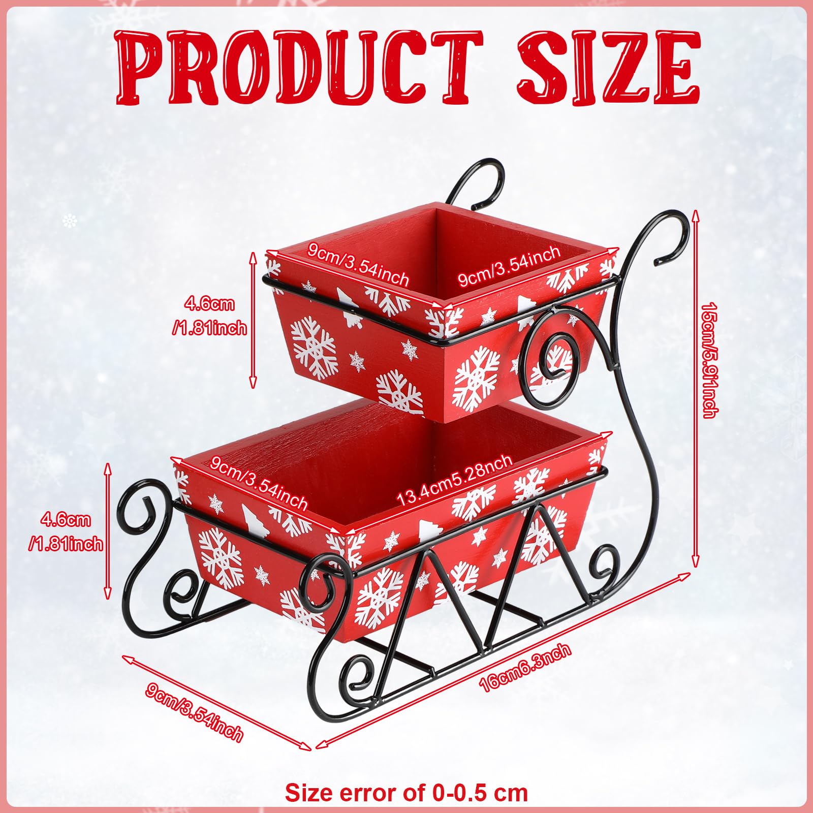 Ziliny Christmas Santa Sleigh 2 Tiered Serving Tray Christmas Snowflake Tray Decorations Metal Sleigh Santa Tray for Christmas Winter Holiday Party Candy Food Kitchen Table Decor Red Wood and Metal