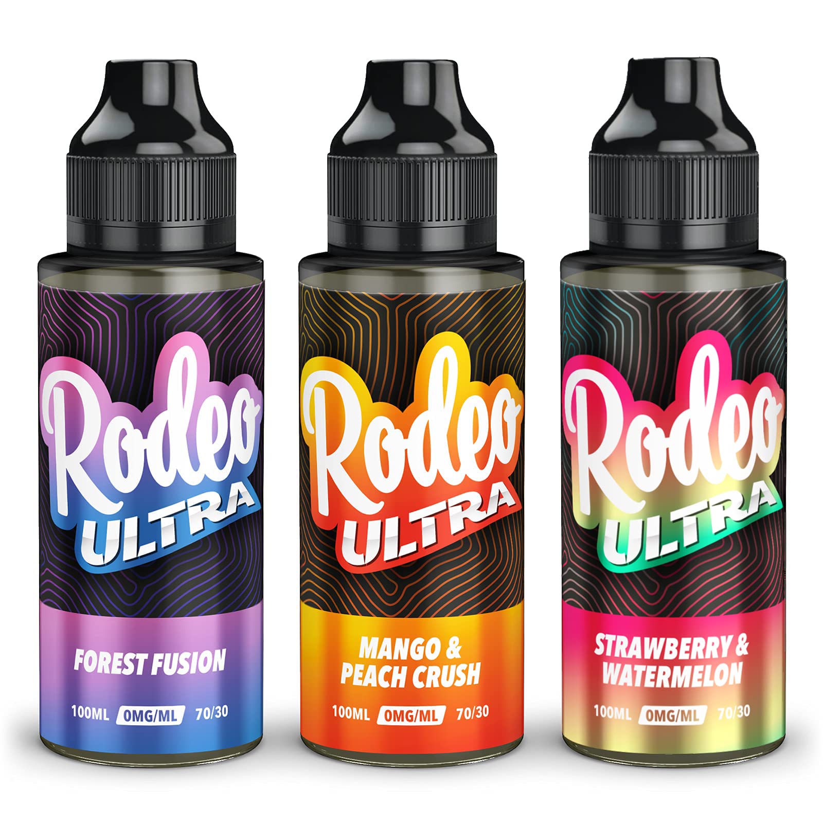 Rodeo Ultra Vape Liquid 3 x 100ml Forest Fusion + Mango Peach Crush + Strawberry Watermelon Vape Juice E Liquid 70/30 Flavoured Ecig Juice E Cigarette Nicotine Free Sub Ohm Short Fill