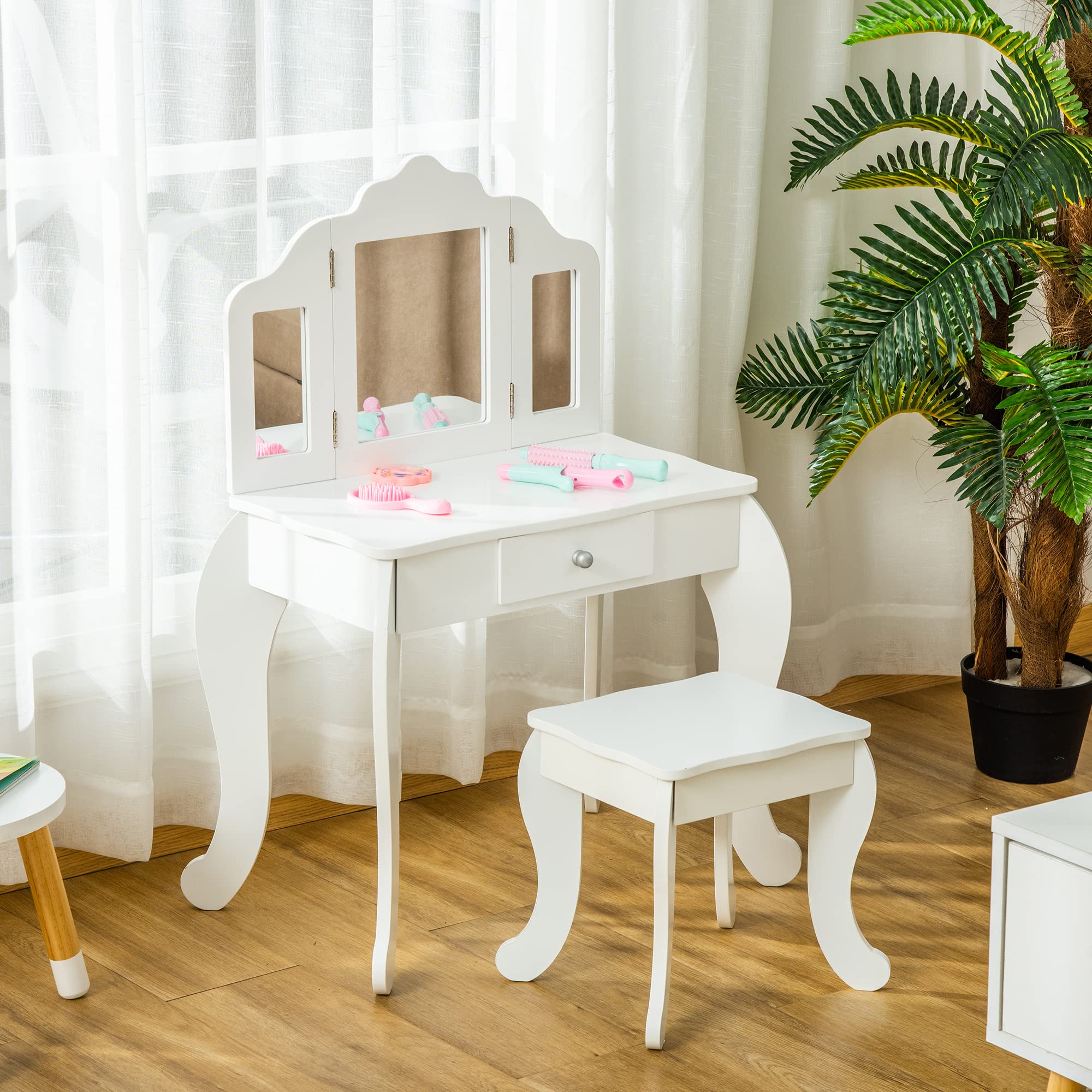 HOMCOM Coiffeuse Enfant avec Tabouret, Coiffeuse Bureau 2 en 1 Miroir triptyque et tiroir Coulissant - Coiffeuse dim. 63L x 40l x 85,5H cm - Blanc Acrylique