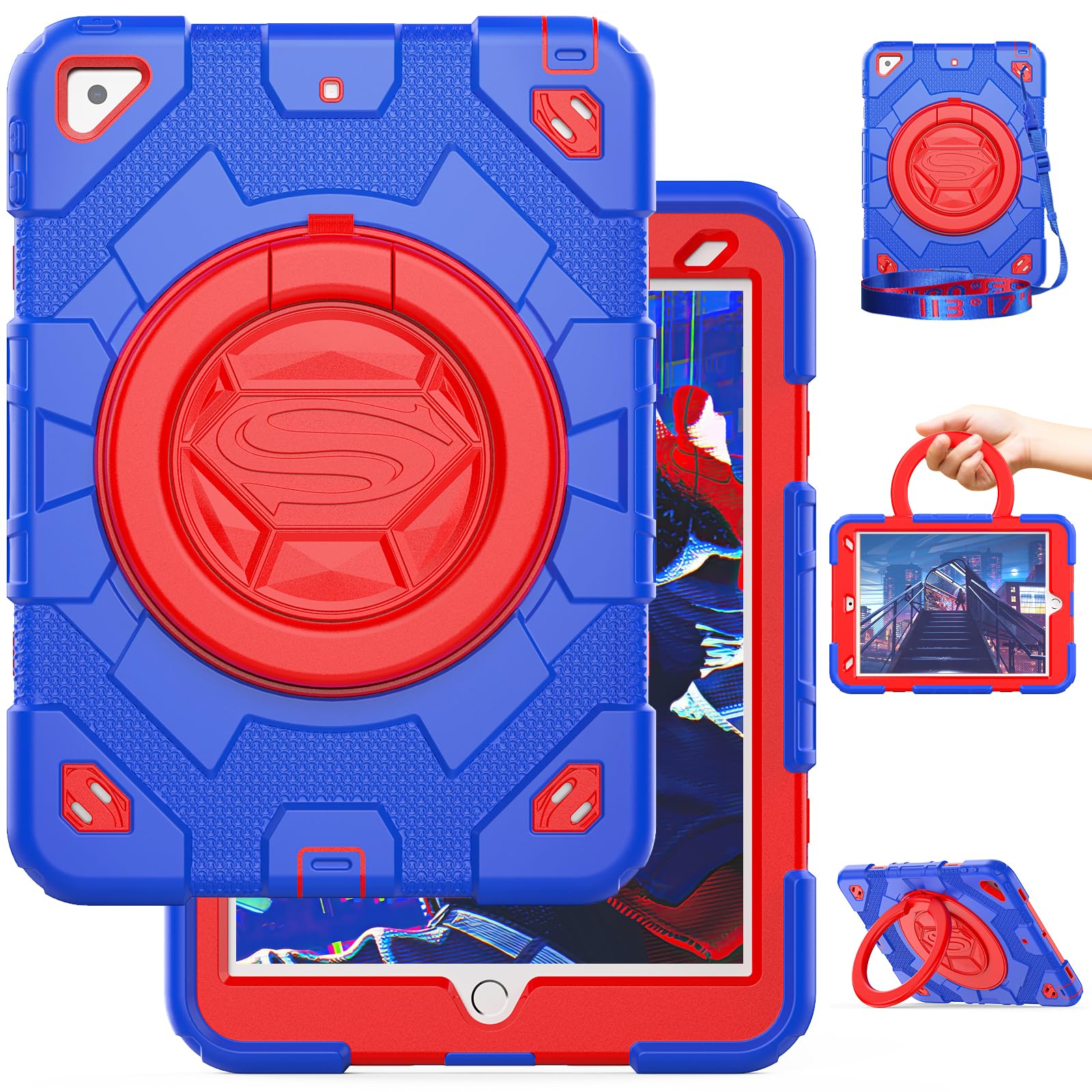 SEYMAC Kids Case for iPad 9th/ 8th/ 7th Generation Case 10.2" 2021/2020/2019, Full-Body Shockproof Heavy Duty Protective Case with Screen Protector, Rotating Stand/Handle/Shoulder Strap, Dark Blue