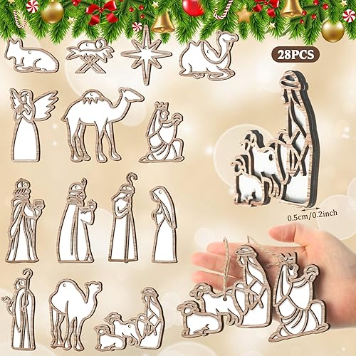 Miniatura 3 de 28 Pcs Christmas Nativity Scene Christian Ornaments for Christmas Tree Wooden Hanging Ornament Gifts The Birth of Jesus Religious Decorations for