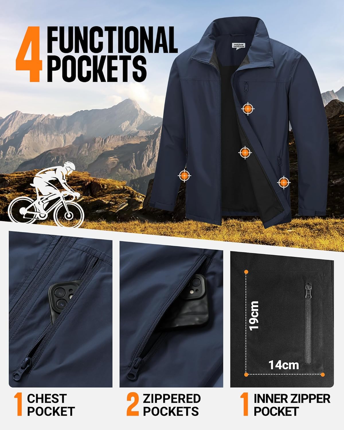 Outdoor Ventures Men's Lightweight Jackets Waterproof Rain Shell Jackets with Velvet Lined Windbreaker for Outdoor Sports - Image 3
