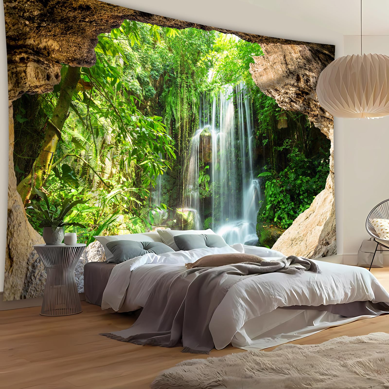 WIERAEM Wald Wandteppich Natur Wasserfall Wasser Wandtuch Groß GrüN Höhle Landschaft Wandbehang Geeignet für Wohnzimmer Schlafzimmer und Arbeitszimmer Dekoration L 300 X H 180cm