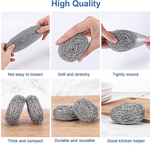 Miniatura 3 de Paquete de 12 fregadores de lana de acero mejorados, depurador de acero inoxidable de alta calidad, almohadillas de metal para fregar, almohadillas