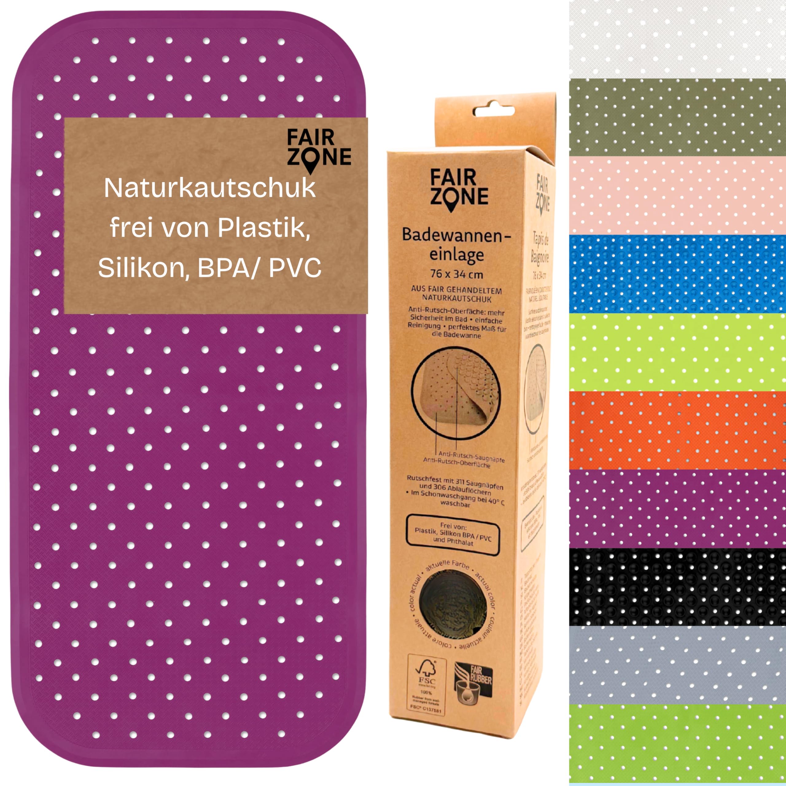 Tapis de baignoire antidérapant sans plastique FSC - Sans plastique - 100 % BPA + PVC - Violet - 76 x 34 cm 585900