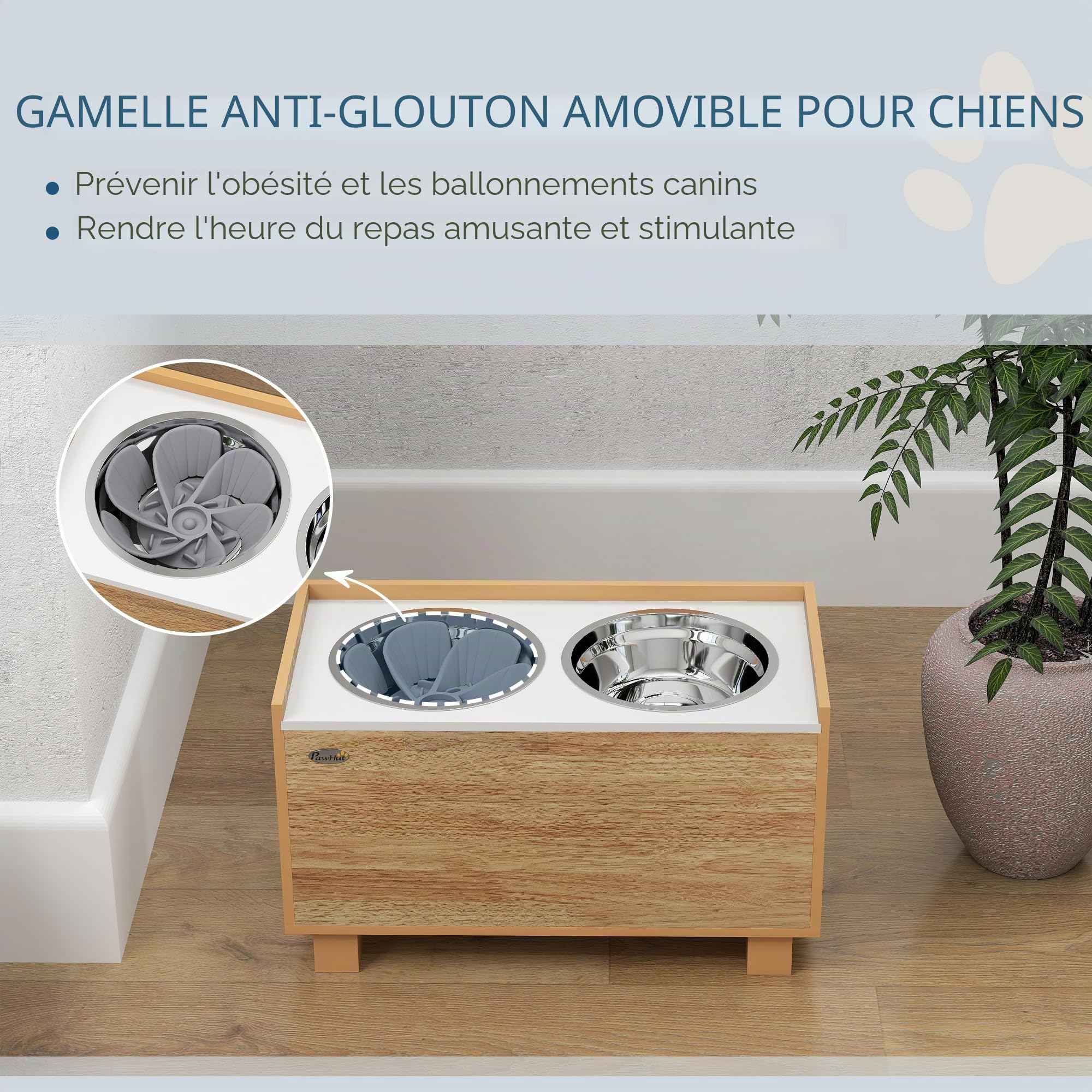PawHut 14" H Support surélevé gamelles Chien Grands Animaux Chêne | Station d'alimentation, bol anti-glouton amovible, 2 gamelles inox pour nourriture et eau, rangement