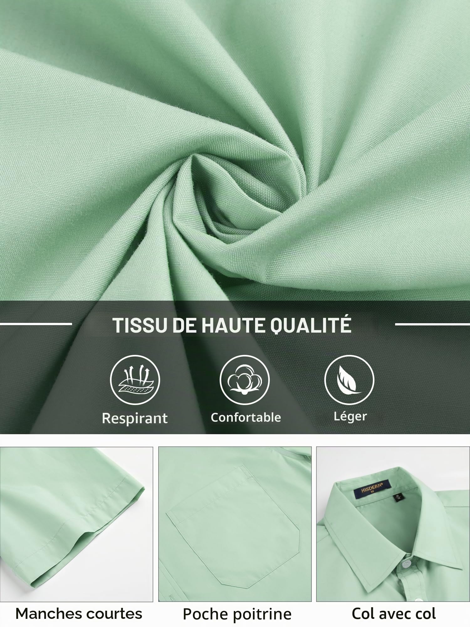 HISDERN Chemise à Manches Courtes pour Hommes Chemise de Couleur Unie décontractée d'été Chemise à Coupe régulière avec Poche