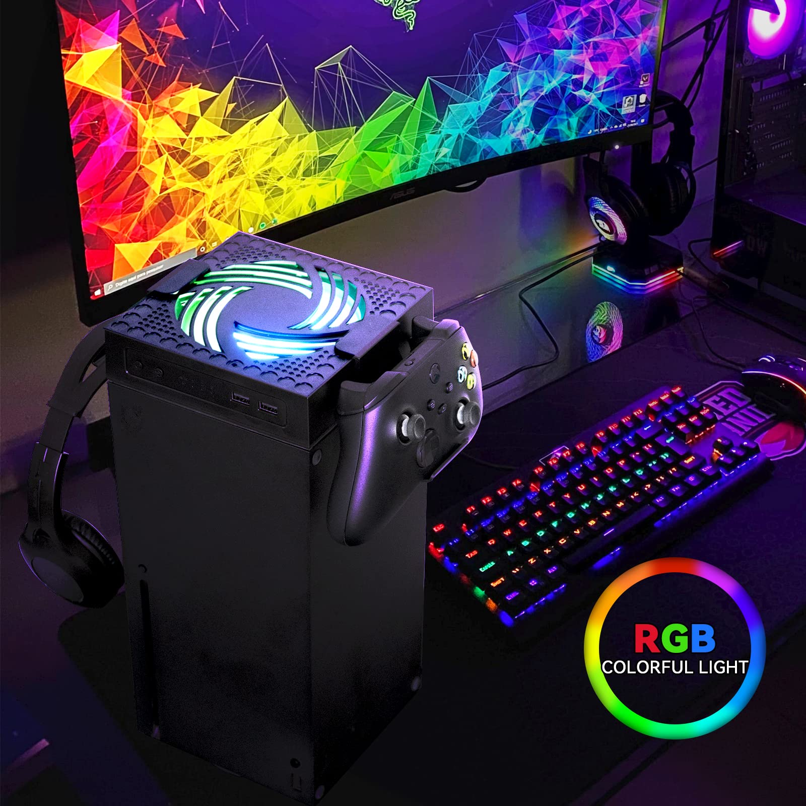 Ventilador para Xbox Series X Cooling fan con luz LED Sistema de refrigeración por Soporte ventilador superior con filtro de polvo de bajo ruido, 3 velocidades 1500/1750/2000RPM