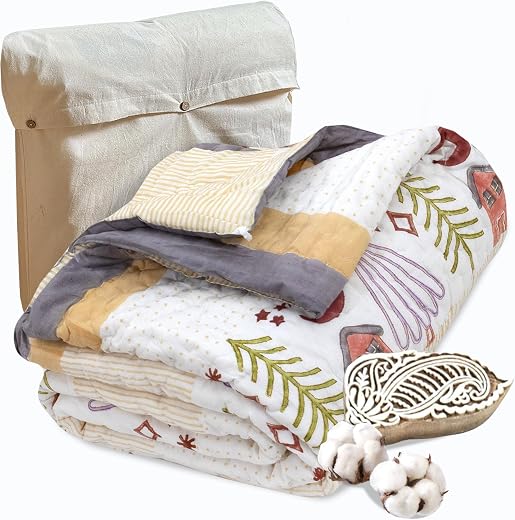 TOAIArt Jaipuri Quilt | Lightweight Comforter/Razai/Rajai | Hand Quilted | Block Printed Reversible 3 Layer| Premium Mulmu...