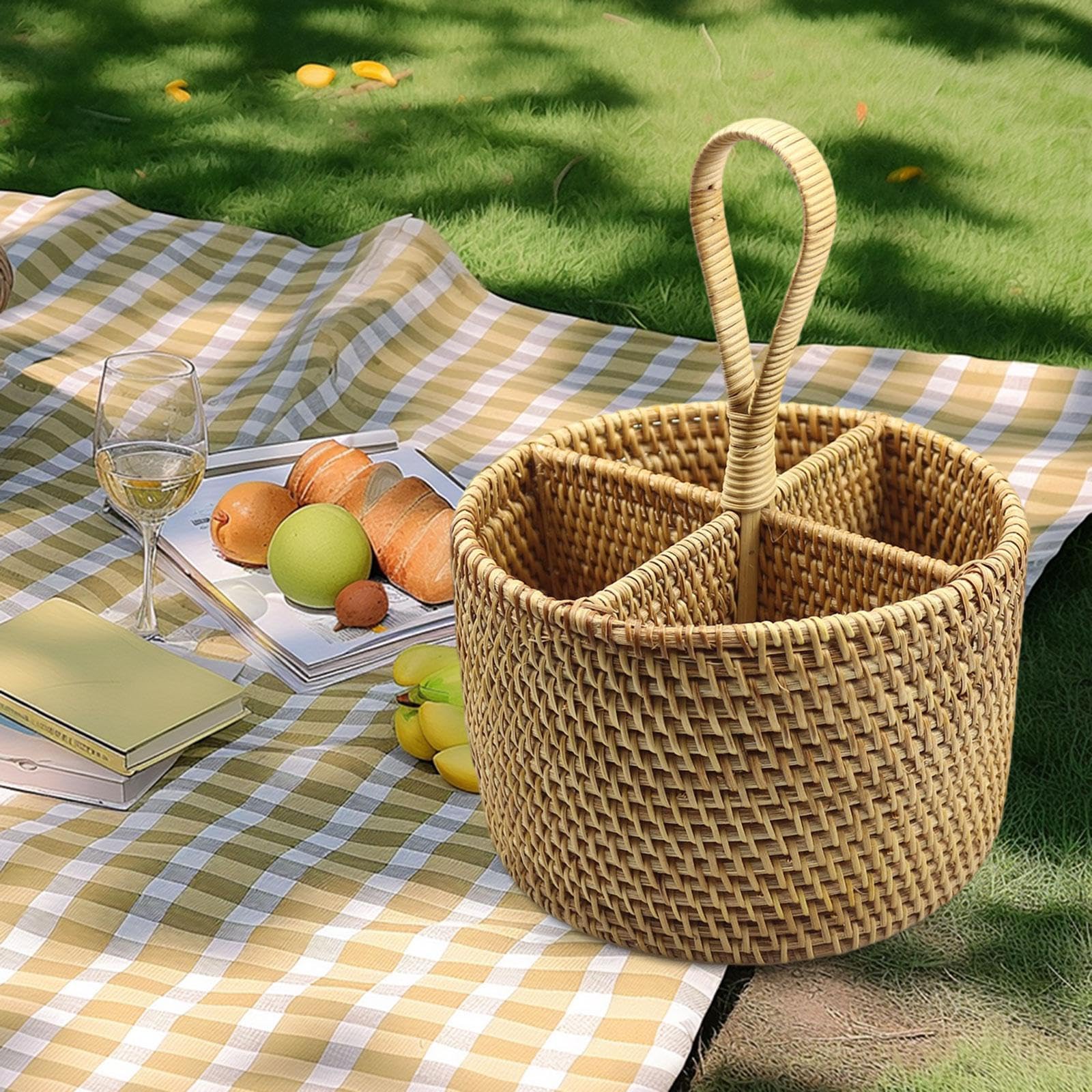 perfk Utensilhalter Flätselware Organizer Korb handgefertigt gewebte Besteck Lagerhalter zum Kochen von Picknick Esstisch Restaurant, Runden