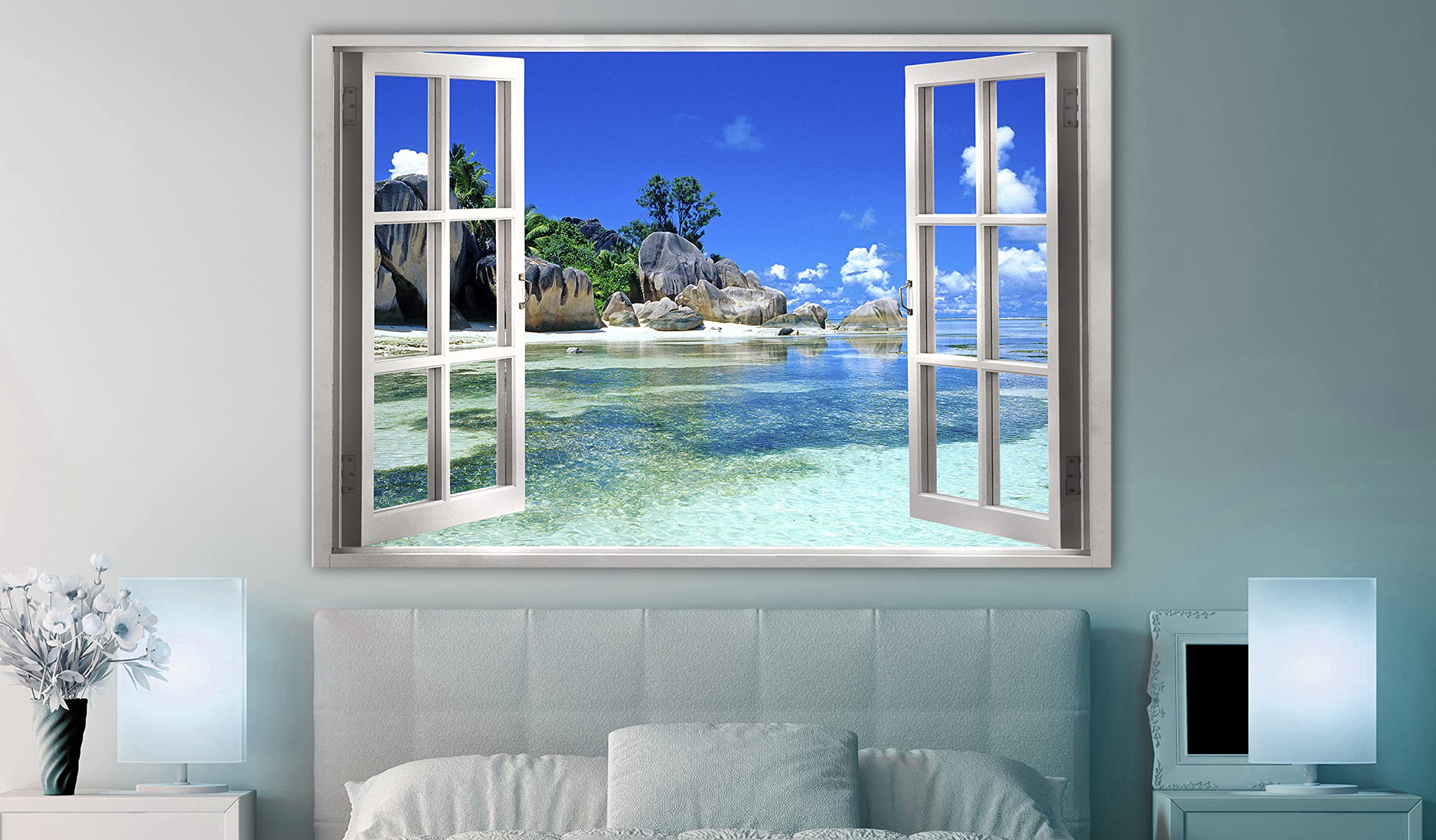 murando Cuadro Acústico Vista de la Ventana 120x80 cm espuma acústica | absorbe el sonido aislamiento lienzo de 1 pieza Impresión Artística Decoración de Pared Playa Mar Insel Naturaleza