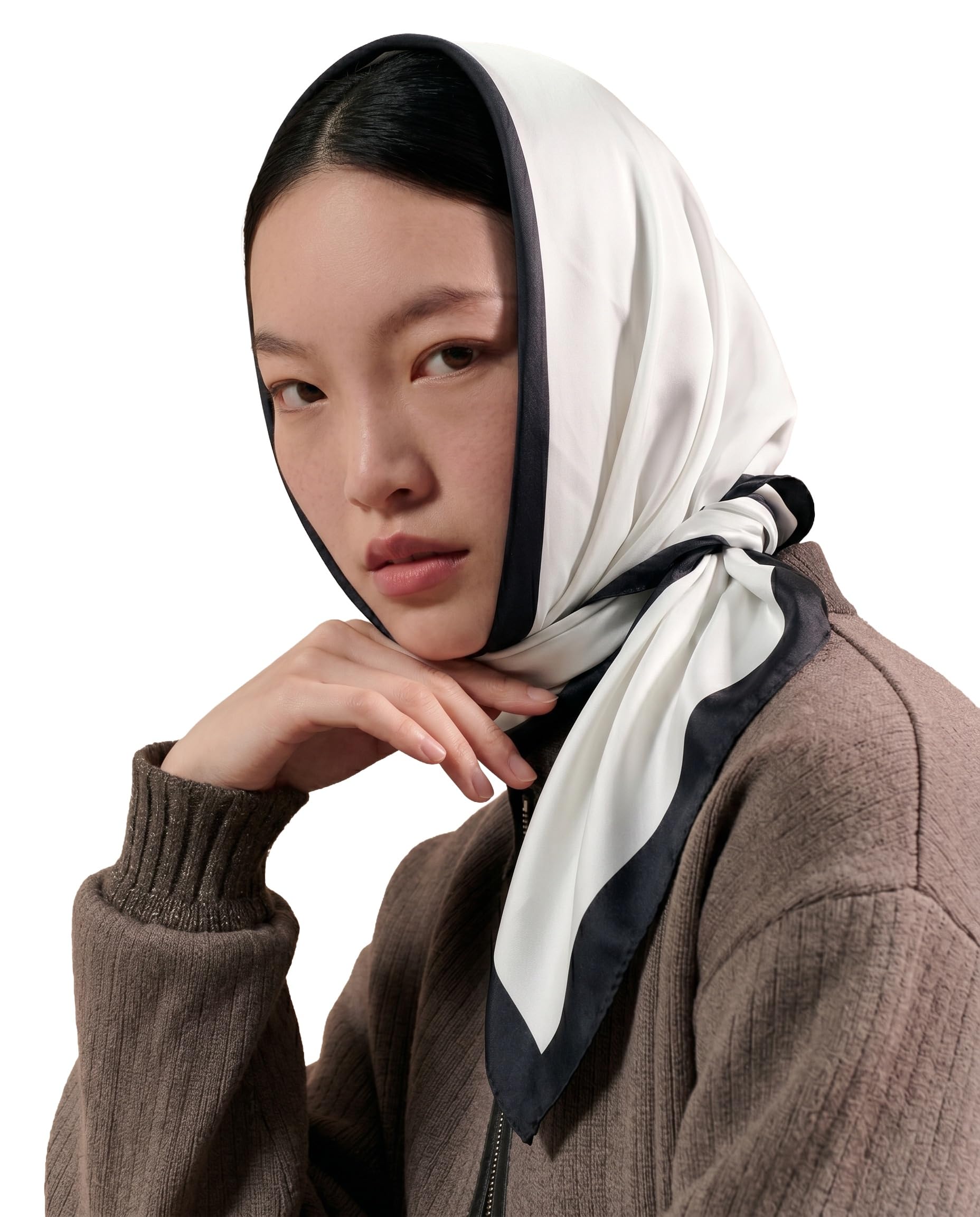 Satin Finish Square Scarf, Black and White Border Design, 90 cm, Lightweight Soft Fabric-image-4