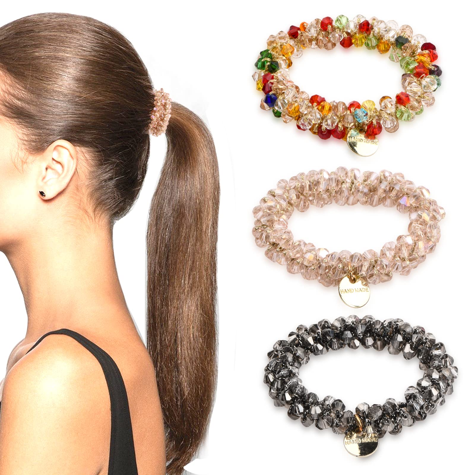 Laughhe 3er Set Perlen-Haargummis – Scrunchies Mit Kristall Für Damen & Mädchen – Elastische Haarbänder In Bunt, Blau & Rosa