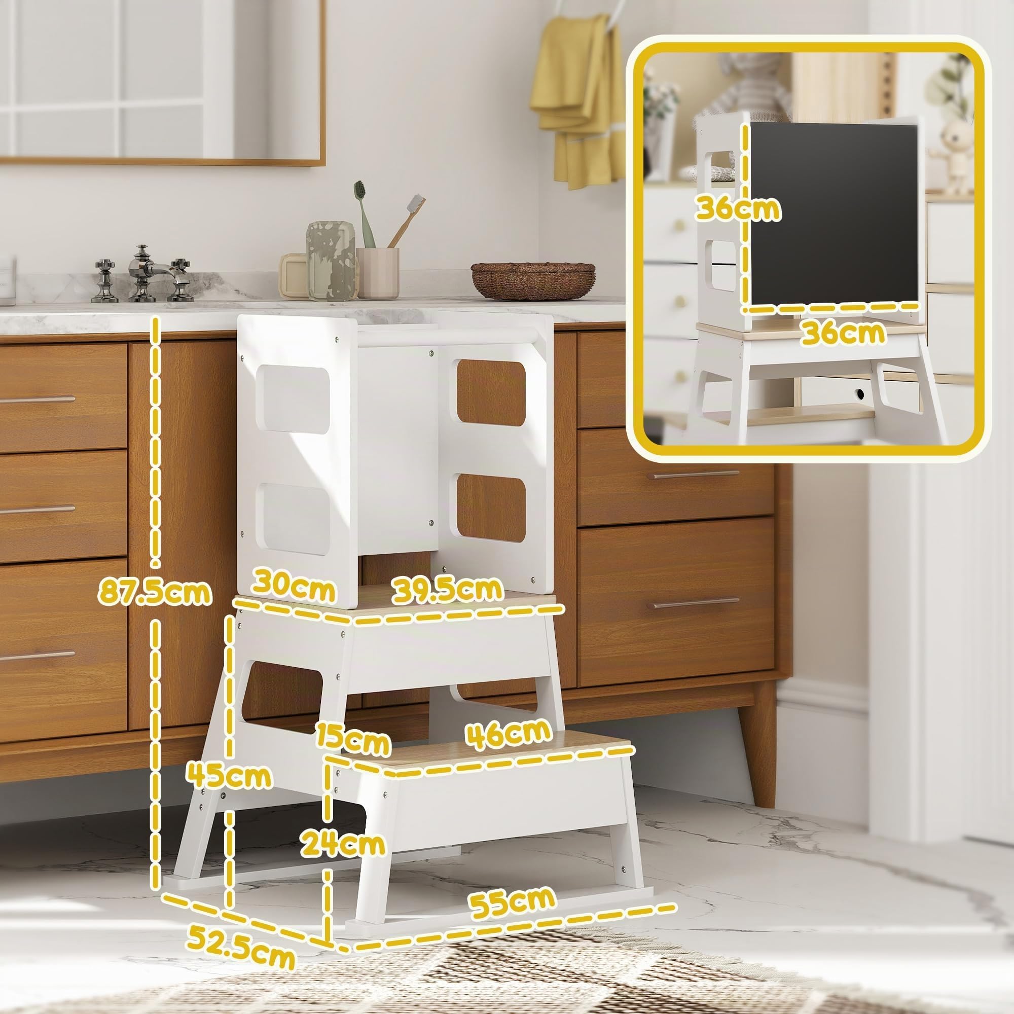 AIYAPLAY Torre Montessoriana 3-6 Anni con Lavagna Bianco e Color Legno | Ringhiera di Sicurezza, Scala Montessoriana per Bambini, MDF e Legno di Pino, per Bagno Cucina e Toilette