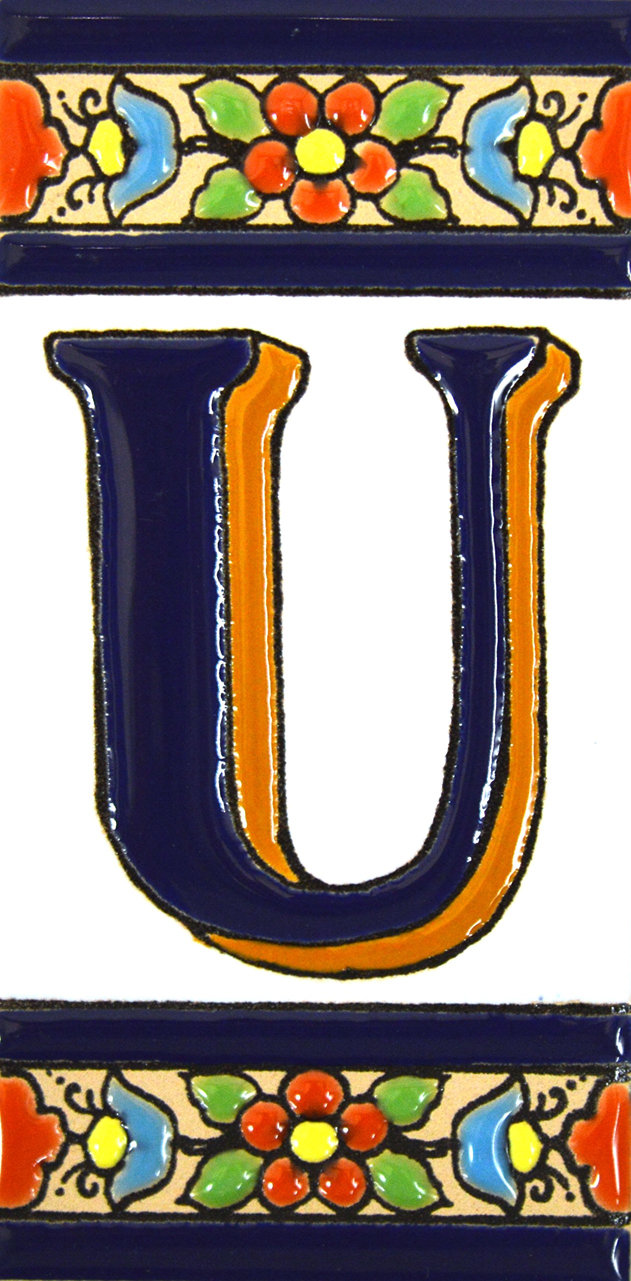 House letters 4 inch. Handpainted house letter tiles for signs, addresses and names. Address numbers for houses. House address numbers and letters. Design FLORES MEDIANO 4,29" x 2,13" (LETTER U)
