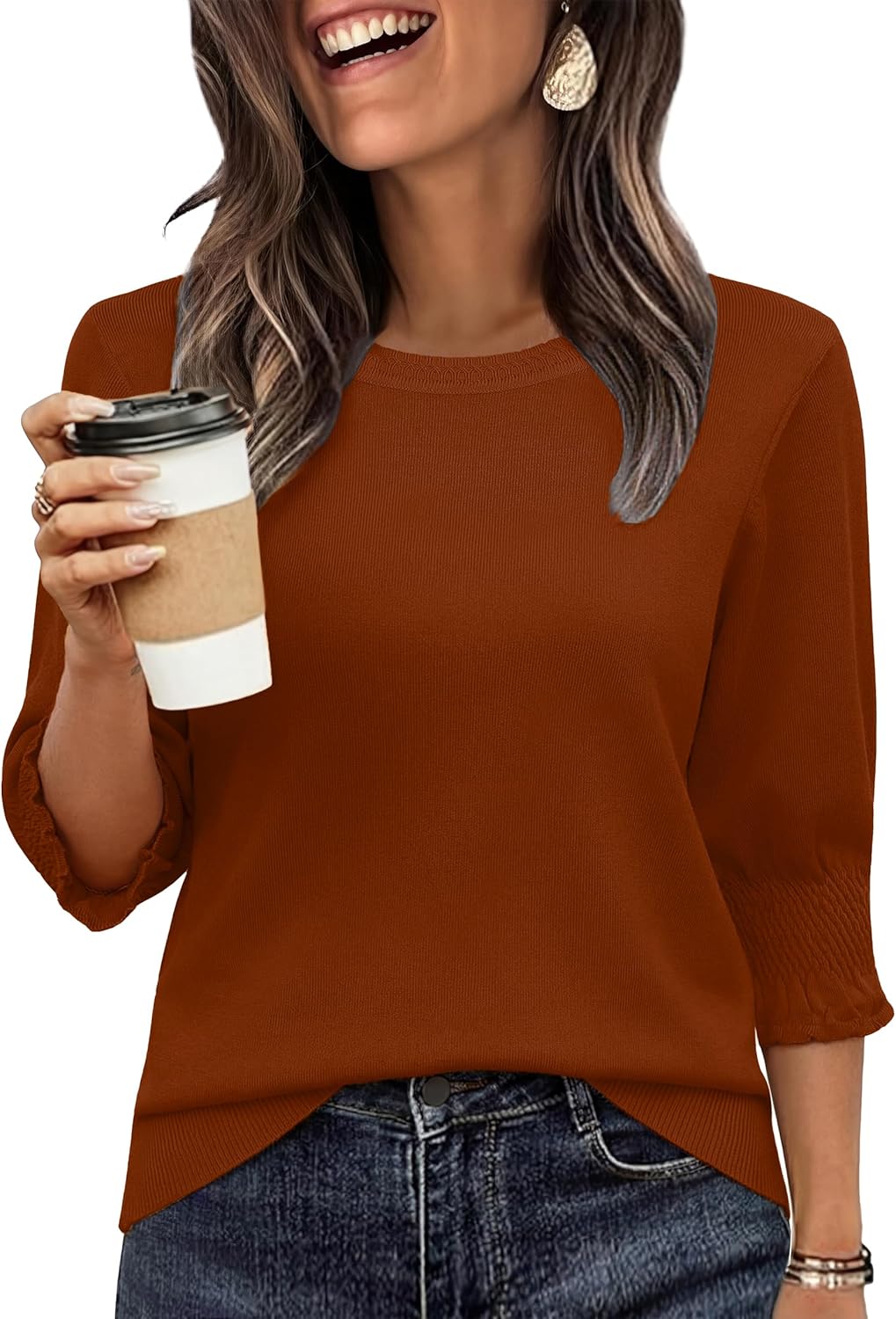 Totatuit Women 3/4 Pleated Sleeve Sweaters Casual Crew Neck Lightweight Knit Sweater Top Loose Basic Business Clothes