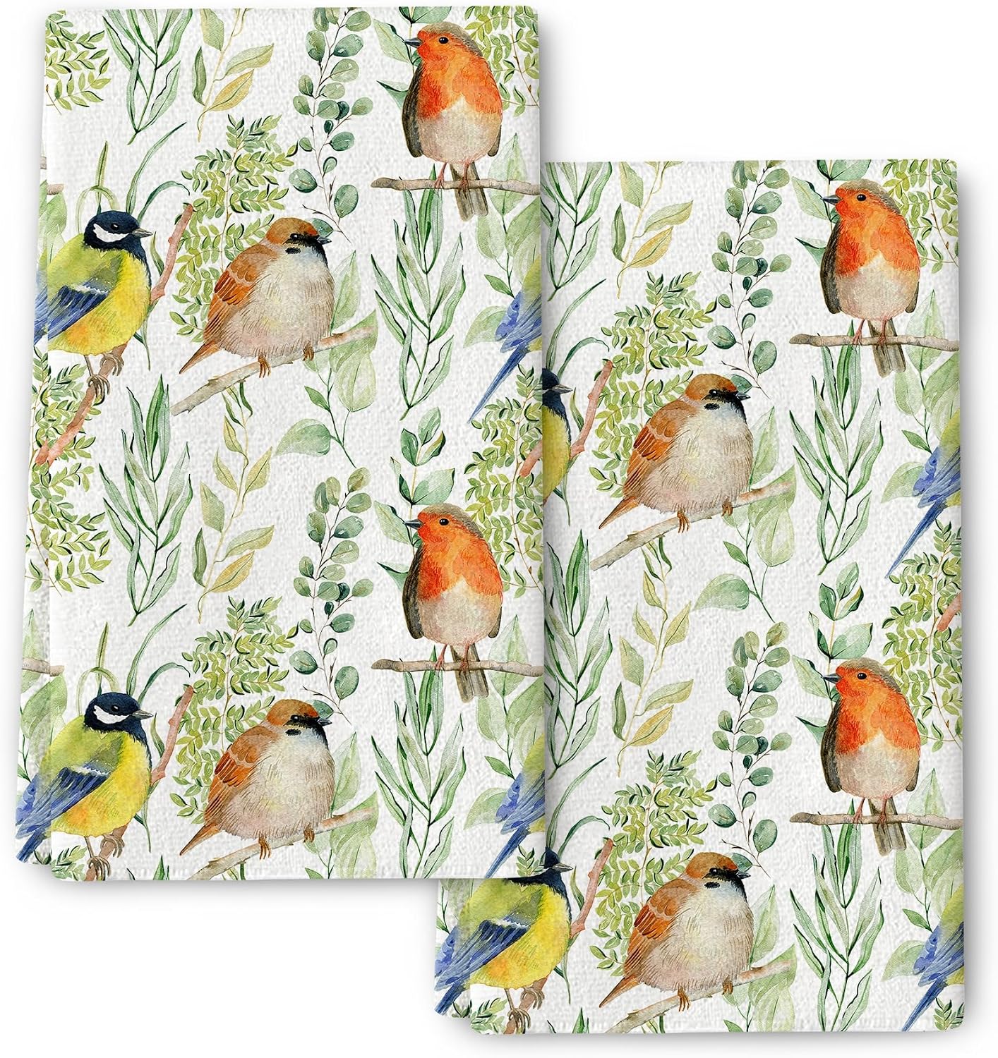 Cute Birds with Green Herbs Leaves Kitchen Towels Set of 2, Botanic Dish Towels for Drying Dishes, Gifts for Bird Lovers, Absorbent Hand Drying Cloth for Kitchen Farmhouse Bar Spring Summer Decor