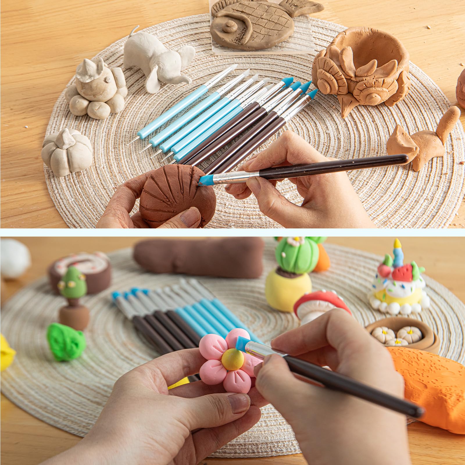 UUSYCUN 10PCS Silicone Clay Sculpting Tool, 2-Way Clay Shaper & Sculpter Brushes Tools for Modeling, Dotting, Polymer Clay, Pottery, Nail Art, Rock, Blending, Air Dry Clay, Calligraphy, Ceramics