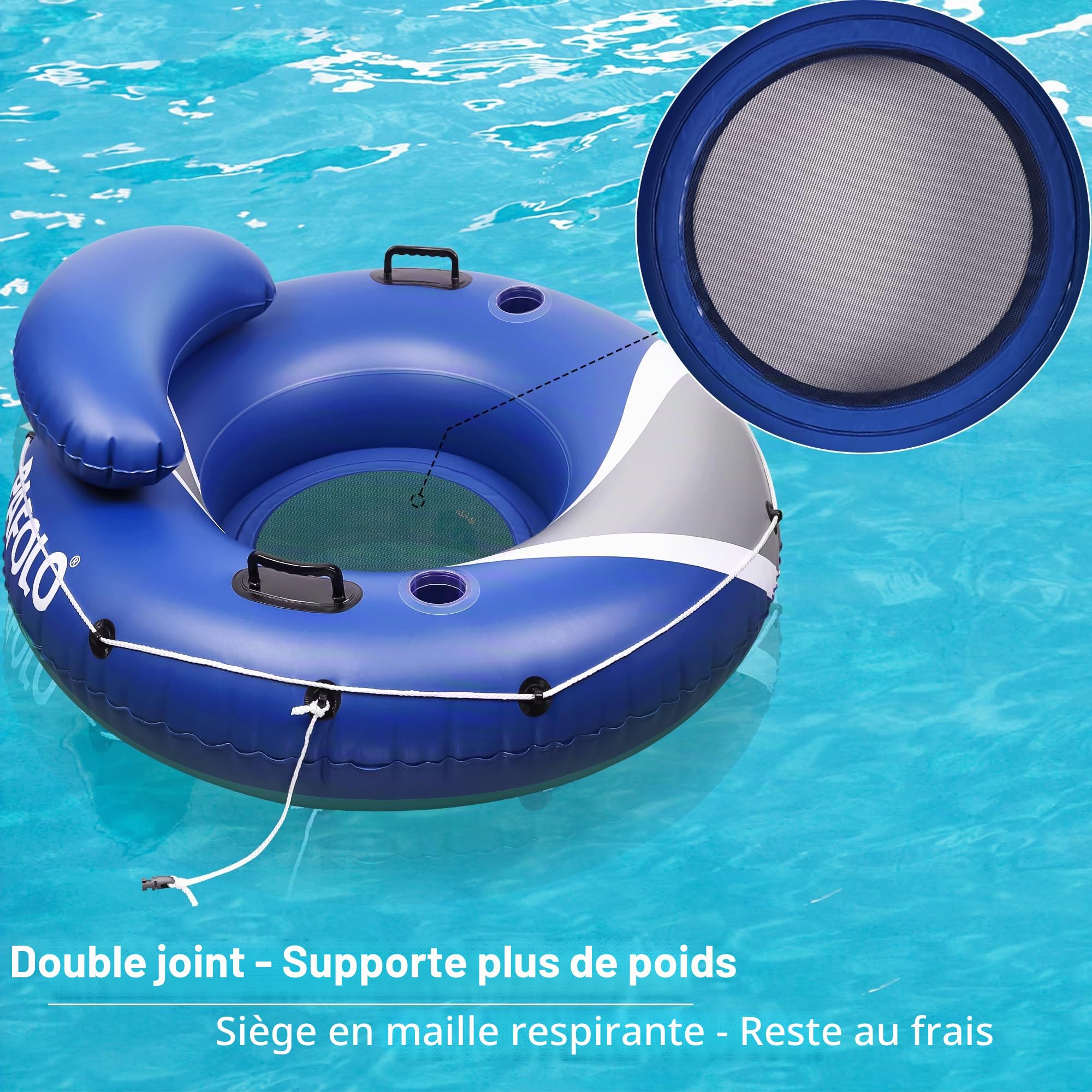 Bouee Piscine Adulte Gonflable pour Rivière, Bouée Piscine Adulte de Robuste de 115 cm, pour Flotter sur Les Plages ou Les Lacs, Matelas Filet Fond, 2 Porte-Gobelets 2 Poignées de Maintien