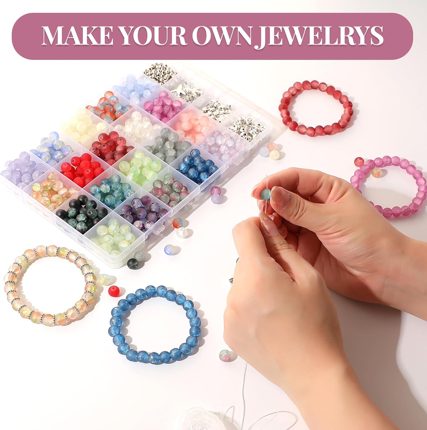 690pcs Frosted Lunar Glass Beads for Bracelets Making, 24 Colors Crystal Beads with Accessories Jewelry Making Kit, 8mm Round Coloured Glaze Beads for DIY Bracelet Crafts, Gifts for Beginners Men - Image 3