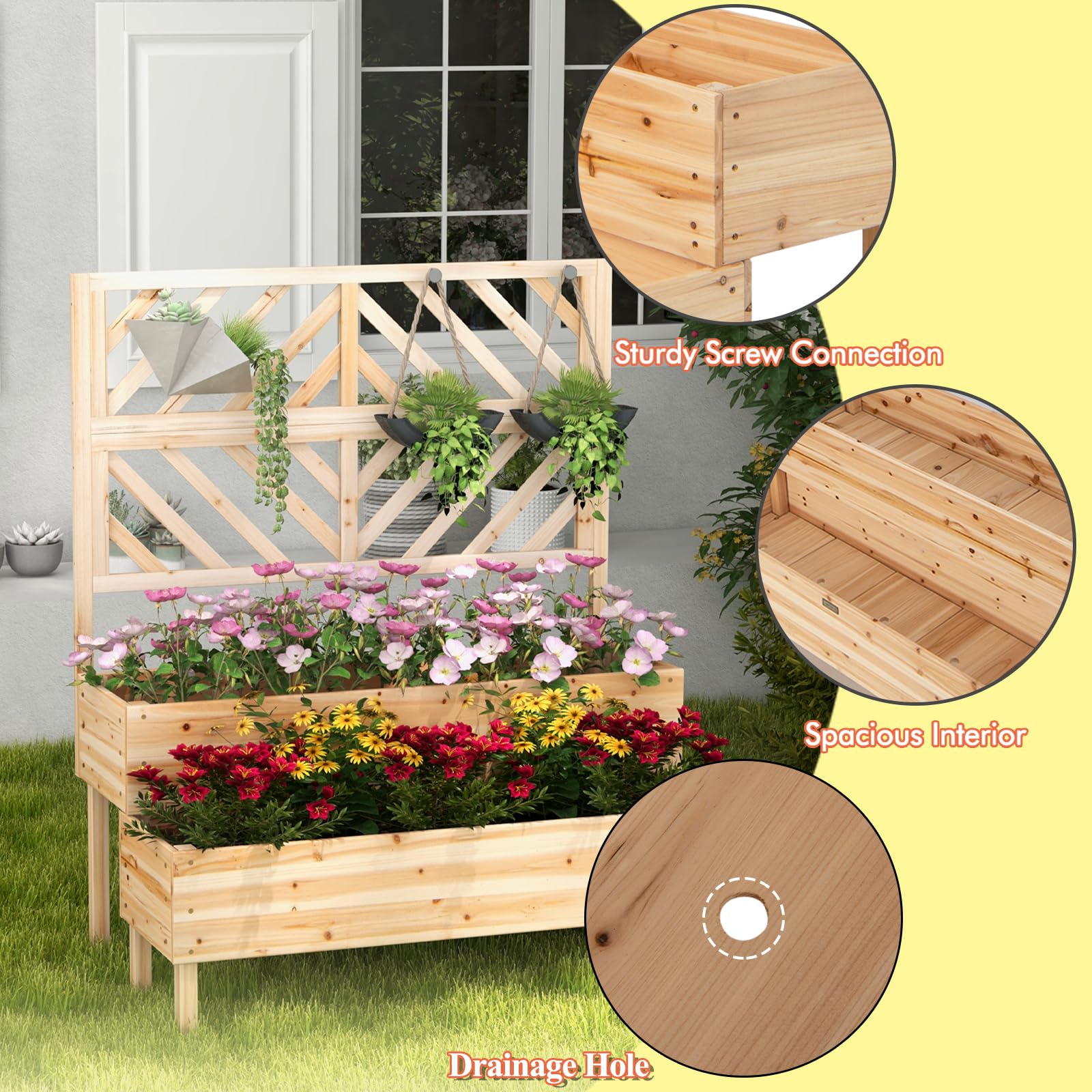 HOMASIS Macetero con rejilla de madera para exterior, jardinera con enrejado de 2 estantes, jardinera vertical elevada para plantas trepadoras de abeto con agujeros de drenaje, 109x62x135 cm (Natural)