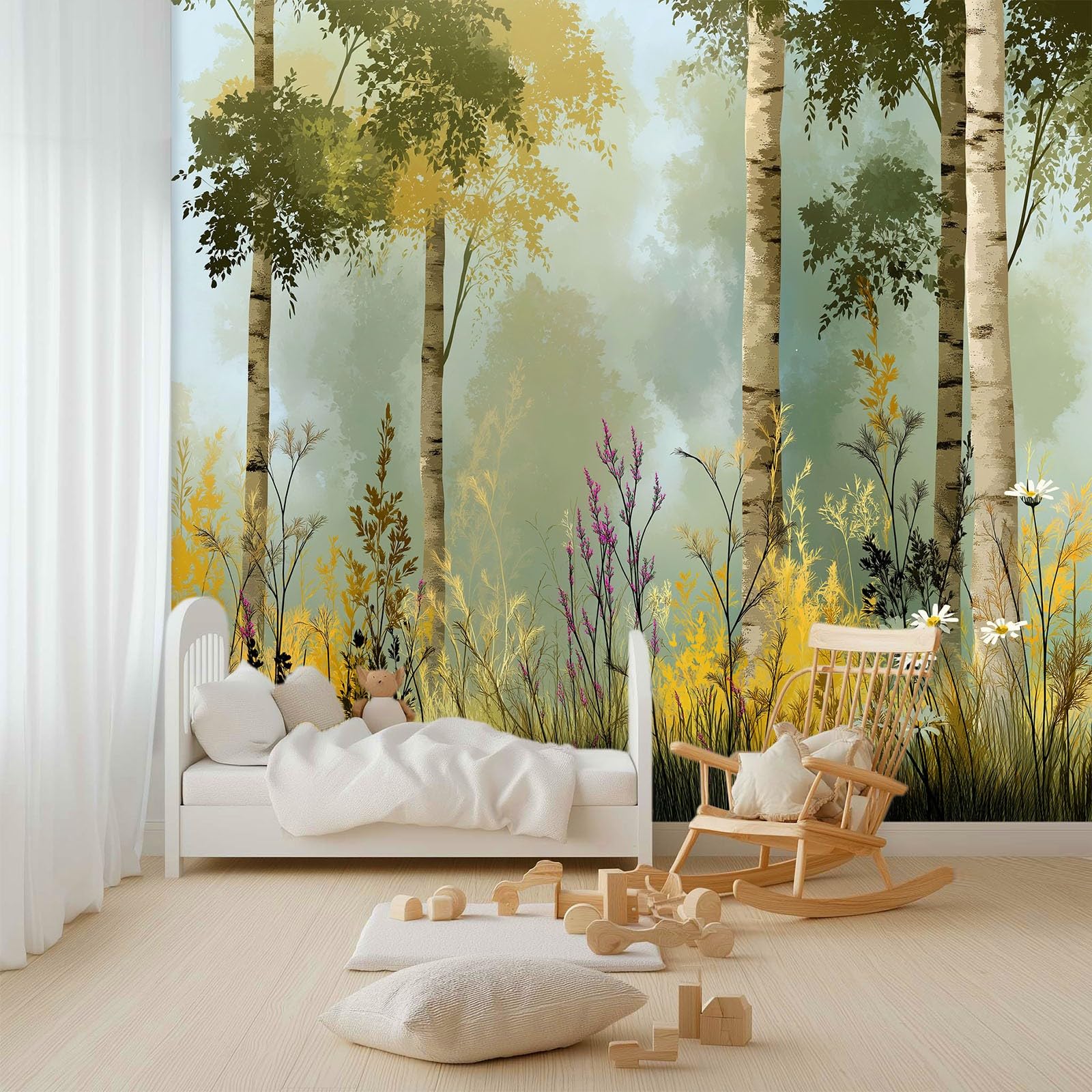 Fototapety ręcznie rysowane lasy dzikie kwiaty brzozy 350 x 256 cm tapeta z włókniny, zielona fototapeta do salonu sypialni biura dekoracja ścienna mural