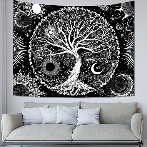 Miniatura 8 de Avinyl Tapiz de árbol de la vida para dormitorio, póster artístico en blanco y negro para colgar en la pared, tapiz gris oscuro con sol y luna,