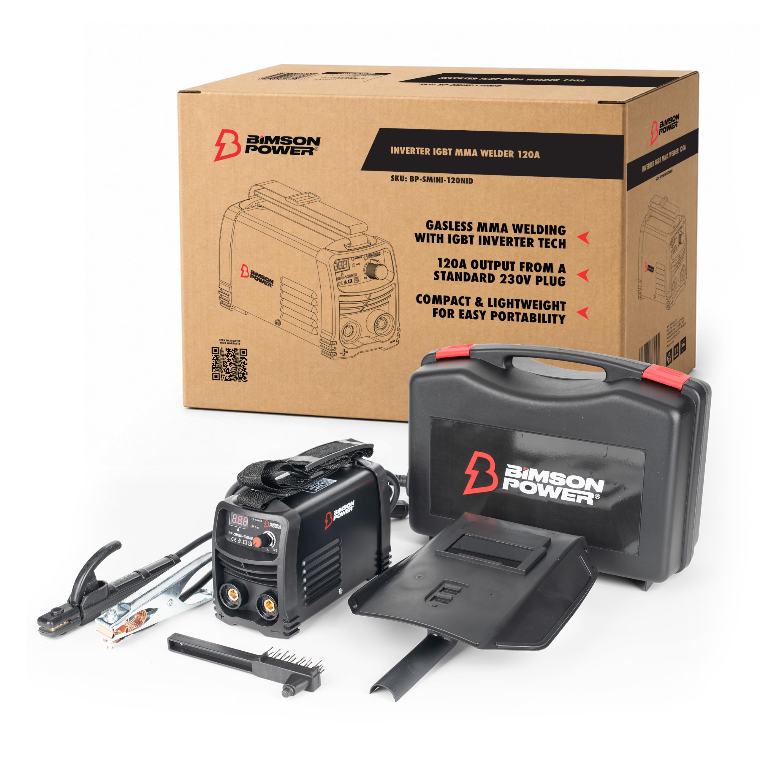 Bimson Power Igbt Dc Mma Inverter Welder 120A – Portable Gasless Arc Stick Welding Machine Kit With Electrode Holder, Earth Clamp, Mask & Brush – Compact Diy & Workshop Welder 230V