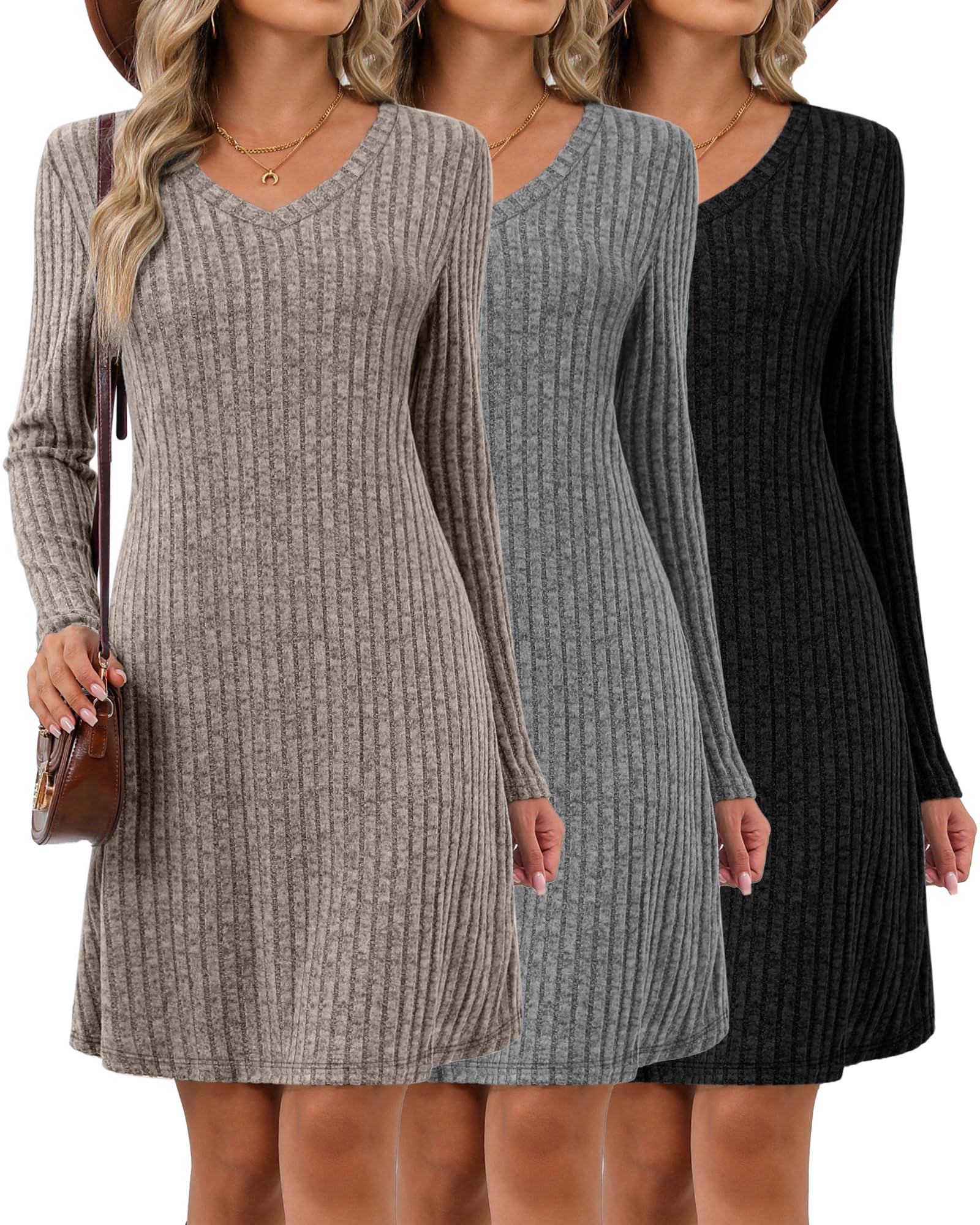 Riyiper 3 Pack Women's V Neck Long Sleeve Dresses, Knit Fall Winter Casual Loose Fit Tunic Sweater Dresses