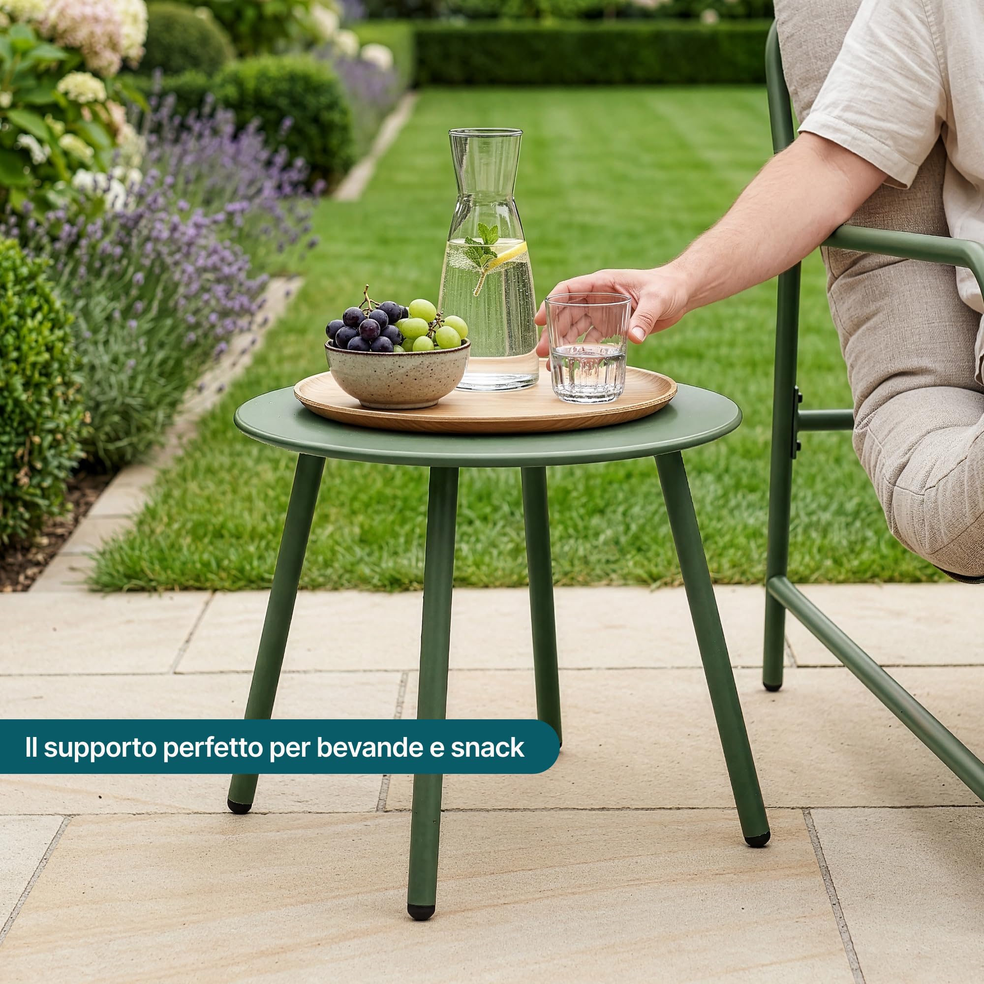 [en.casa] Set di 3 Mobili da Giardino Verde Chiaro/Grigio | Tavolino Rotondo, Poltrona e Poggiapiedi, Con Cuscini Imbottiti, per Balcone Terrazzo Veranda Outdoor, Telaio in Acciaio
