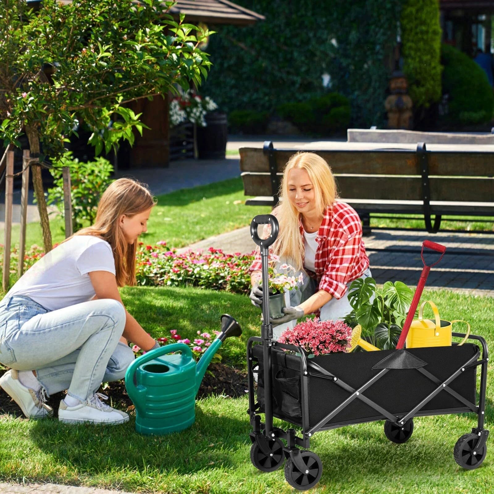Carrello Giardino Pieghevole 90L Portata 65kg, 4 Ruote di cui 2 Girevoli 360°, Telaio Acciaio Tessuto Oxford 600D Impermeabile, Manico Regolabile 61,5-82cm, Spiaggia Casa Orto