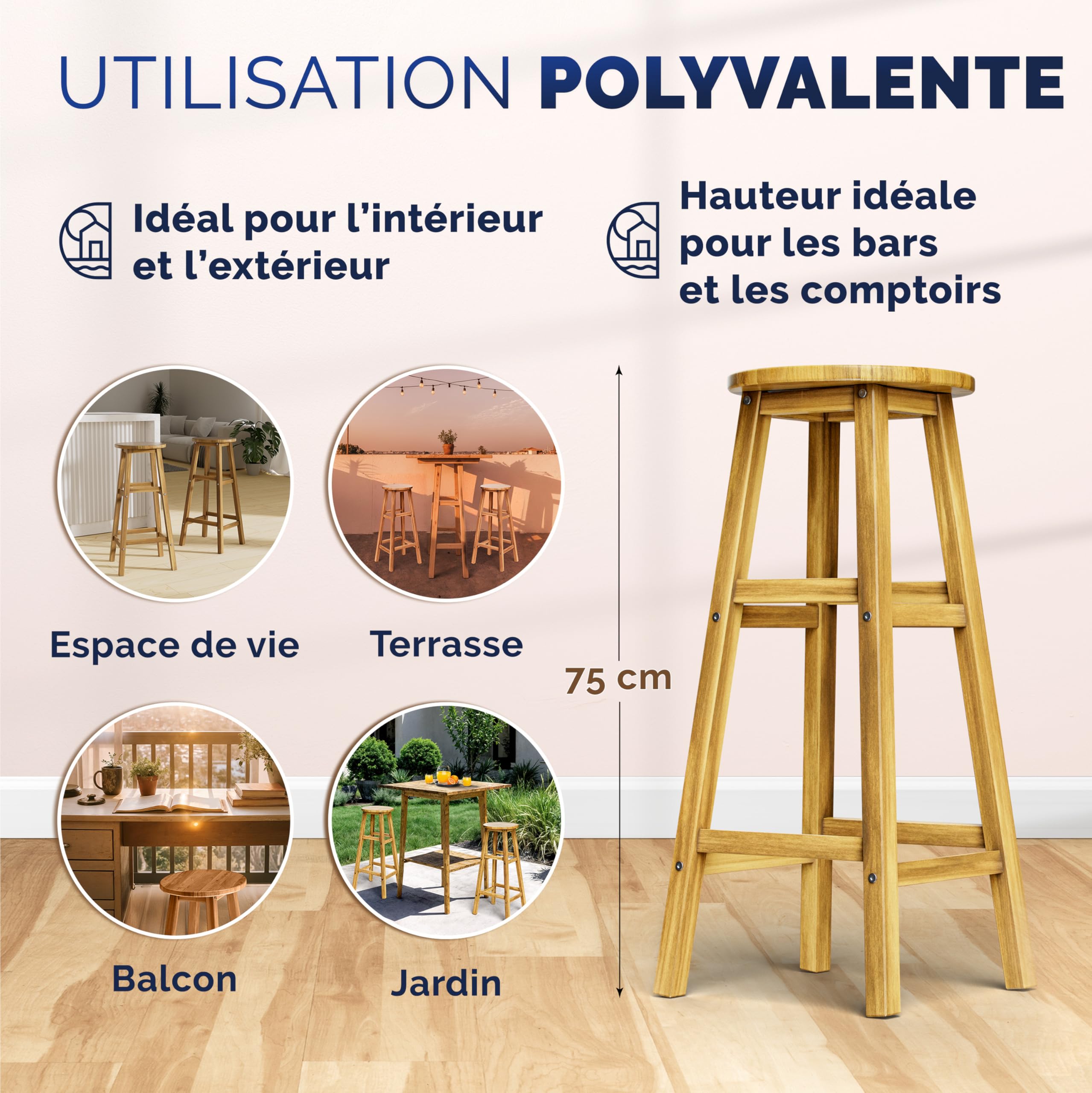 Casaria® 4X Tabourets de Bar chaises Hautes Bois d'acacia Assise Ronde avec Repose-Pieds Hauteur 75 cm Style Rustique
