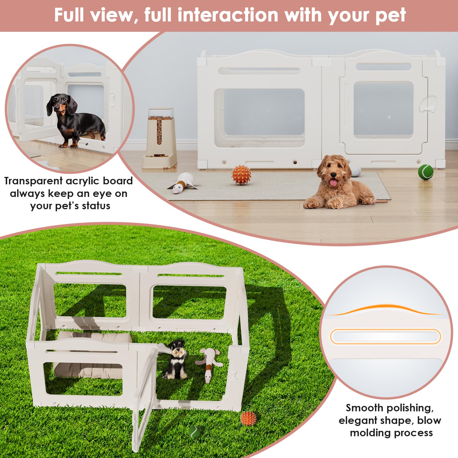 Clevich Parque para Perros de Interior Acrílico 129 × 68 × 60 cm, 5 PCS +1 Paneles con Puerta, Vallas para Perros sin Rejas, Plegable con Ventosas, Transparente Corralito para Perrospara, Blanco