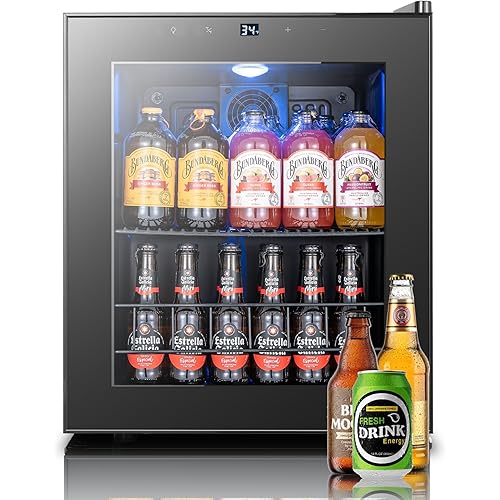 Yeego Beverage Refrigerator, 65 Can Mini Fridge with Glass Door, Digital Temperature Control 34°F-54°F, Countertop Drink Cooler for Soda, Beer and Wine, Black