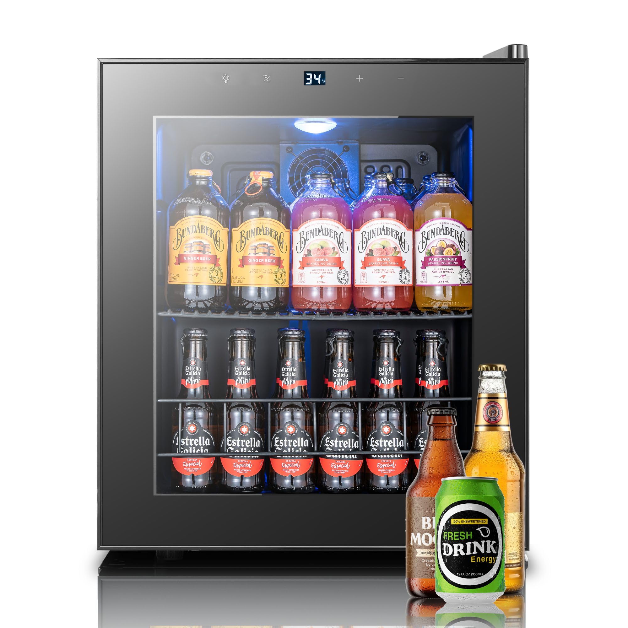 Yeego Beverage Refrigerator, 65 Can Mini Fridge with Glass Door, Digital Temperature Control 34°F-54°F, Countertop Drink Cooler for Soda, Beer and Wine, Black | Fridge.com