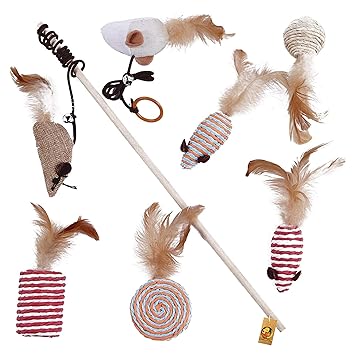 Foodie Puppies Interactive Cat Toys Natural Feather Mice, Teaser, Fish, Bell, 1 Wooden Stick, Sisal Ball & Candy for Cats and Kittens (7 in 1 Box)