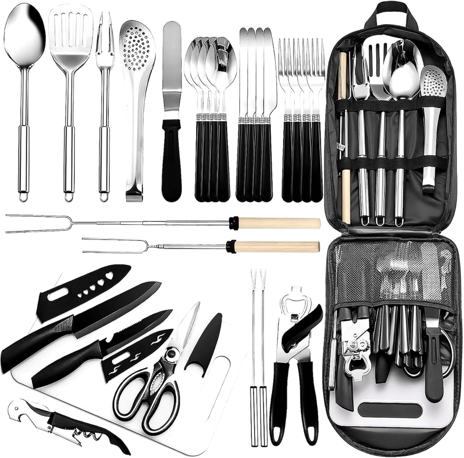 Camping Kitchen Utensil Set, 27-Piece Portable Cooking Kit with Carrying Case, Stainless Steel Cutlery, Knives and BBQ Tools