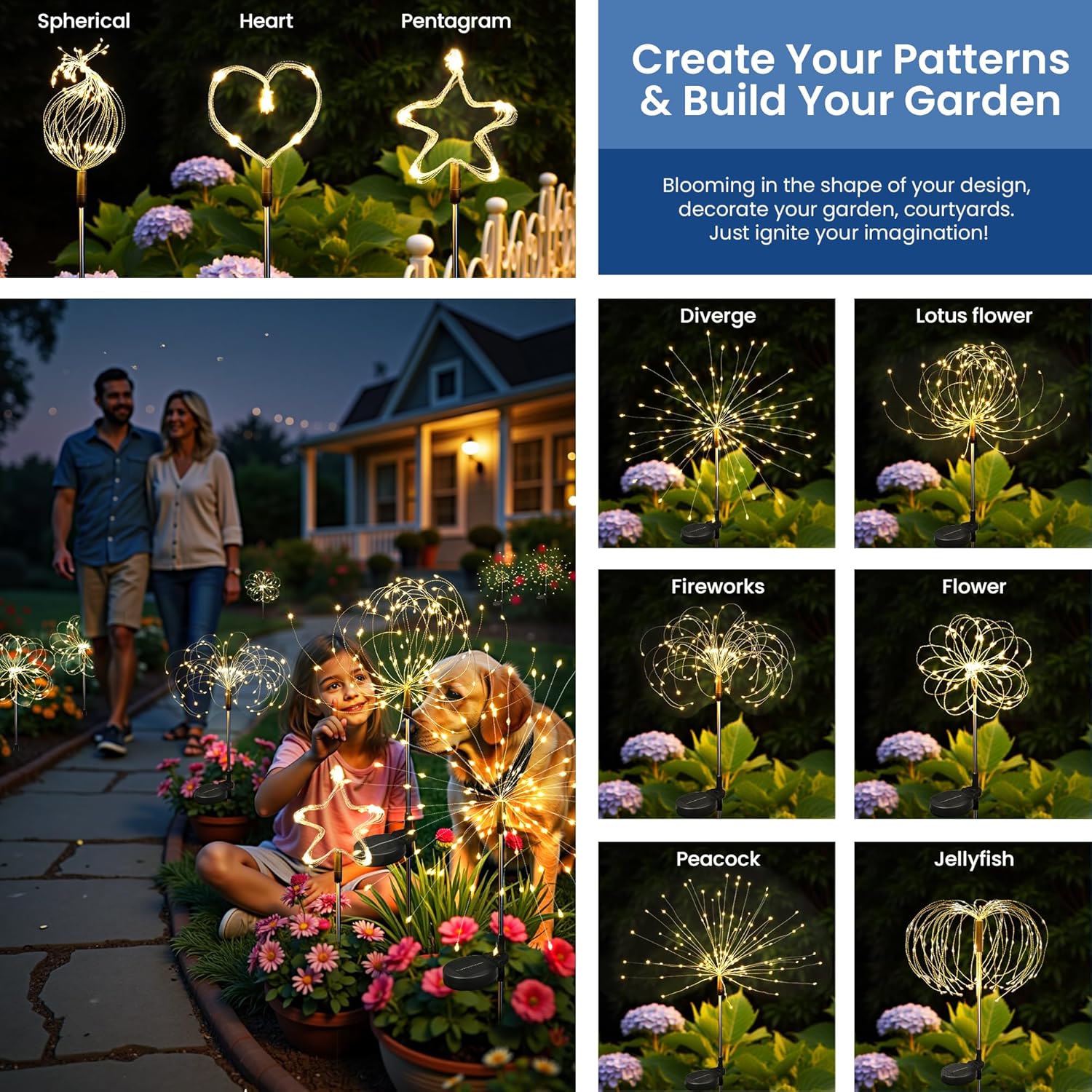 Solar Lights Outdoor, 120LED 4pack Fairy Garden Lights Decor for Outside Fireworks Lights Solar Powered for Yard, Patio, Pathway, Walkway, Balcony, Warm White