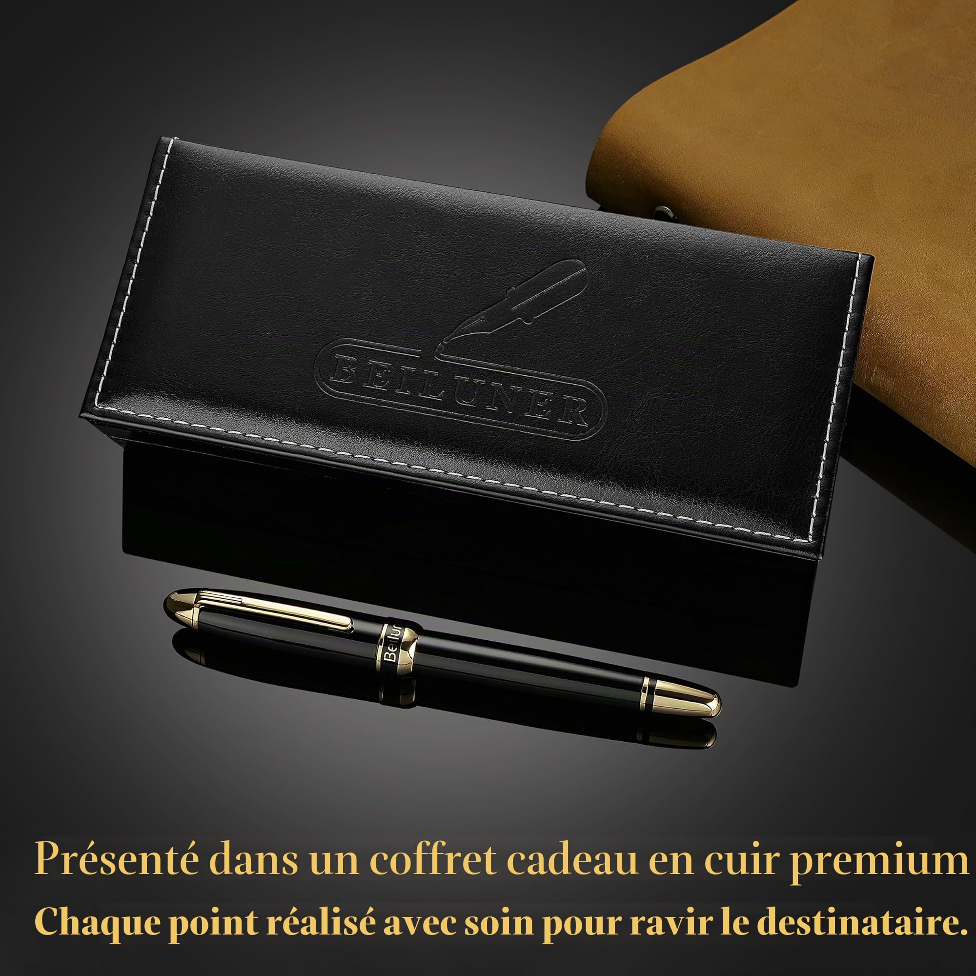 BEILUNER 315 Stylo Bille Roller de Luxe, Finition Or 24K Premium et Laqué Piano Élégant, Set Cadeau Cadre pour Professionnels et Diplômés, Stylo Bureau Raffiné - Noir & Or