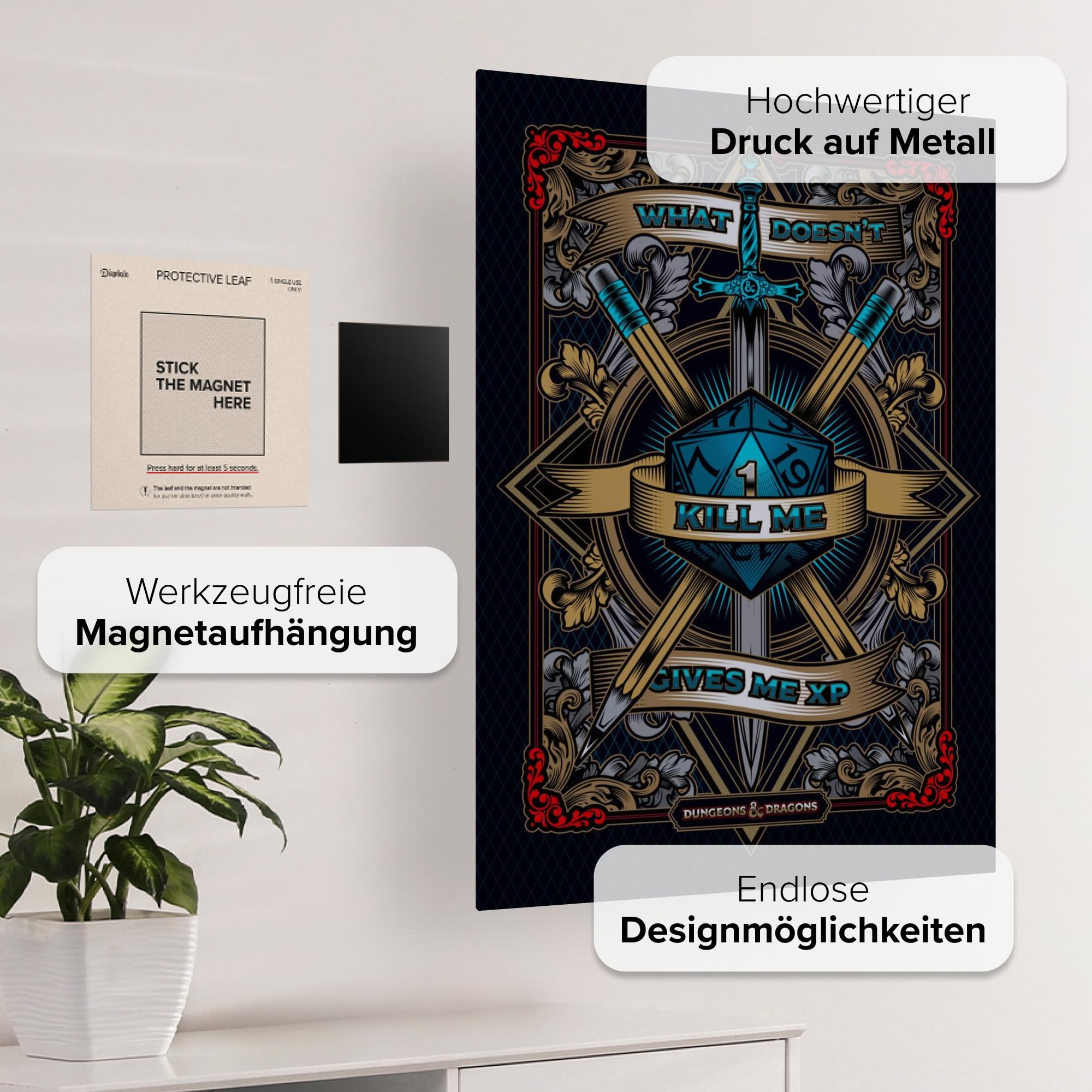 Displate - Poster aus Metall - Einfache Montage ohne Bohren - Dungeons And Dragons - Slogan Collection - What doesn't kill me... - Größe M - 32 x 45 cm Matt