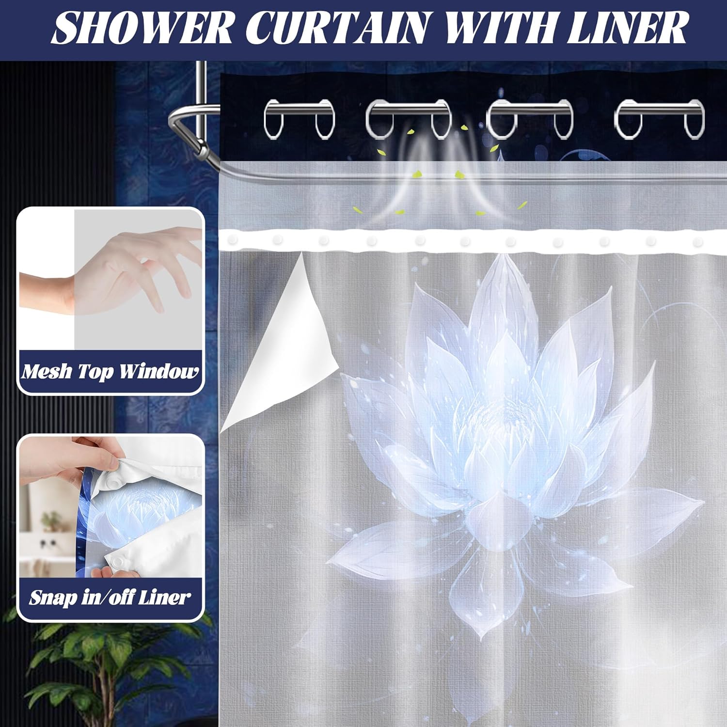 Black and Blue Hookless Shower Curtain with Snap in Liner, Navy Blue Lotus Flower No Hook Double Layer Shower Curtain and Liner Set, Waterproof Cloth Fabric, 71" W x 74" L (Pack of 1)