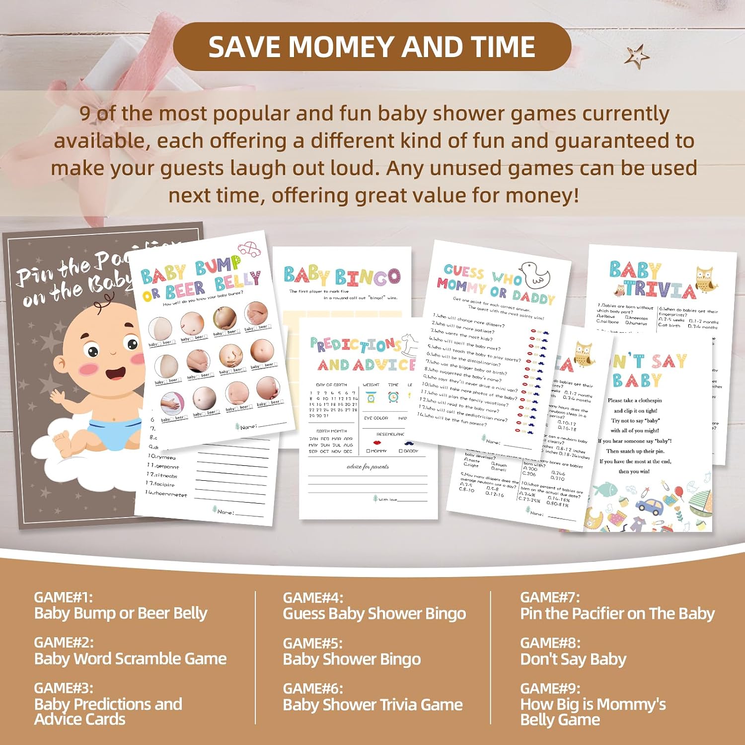 OLOUTAB Baby Shower Games Kit, 9-Game Party Set for 50 Guests | Baby Bingo, Mommy or Daddy, Word Scramble, Trivia, Don't Say Baby, How Big Is Mommy's Belly, Pin the Pacifier