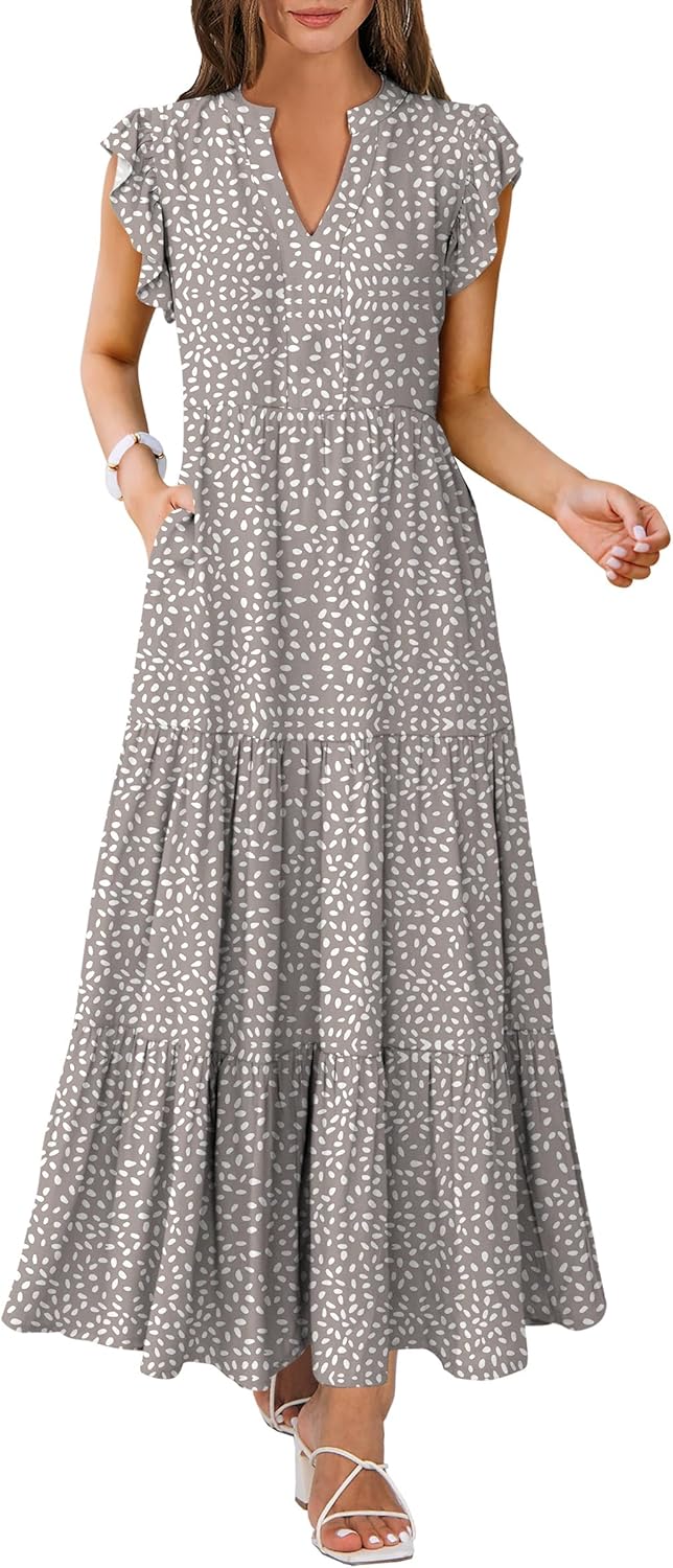 OUKODS Womens Summer Casual Maxi Dress V Neck Ruffle Sleeve Sundress Fashion Flowy Tiered Boho Beach Vacation Long Dresses